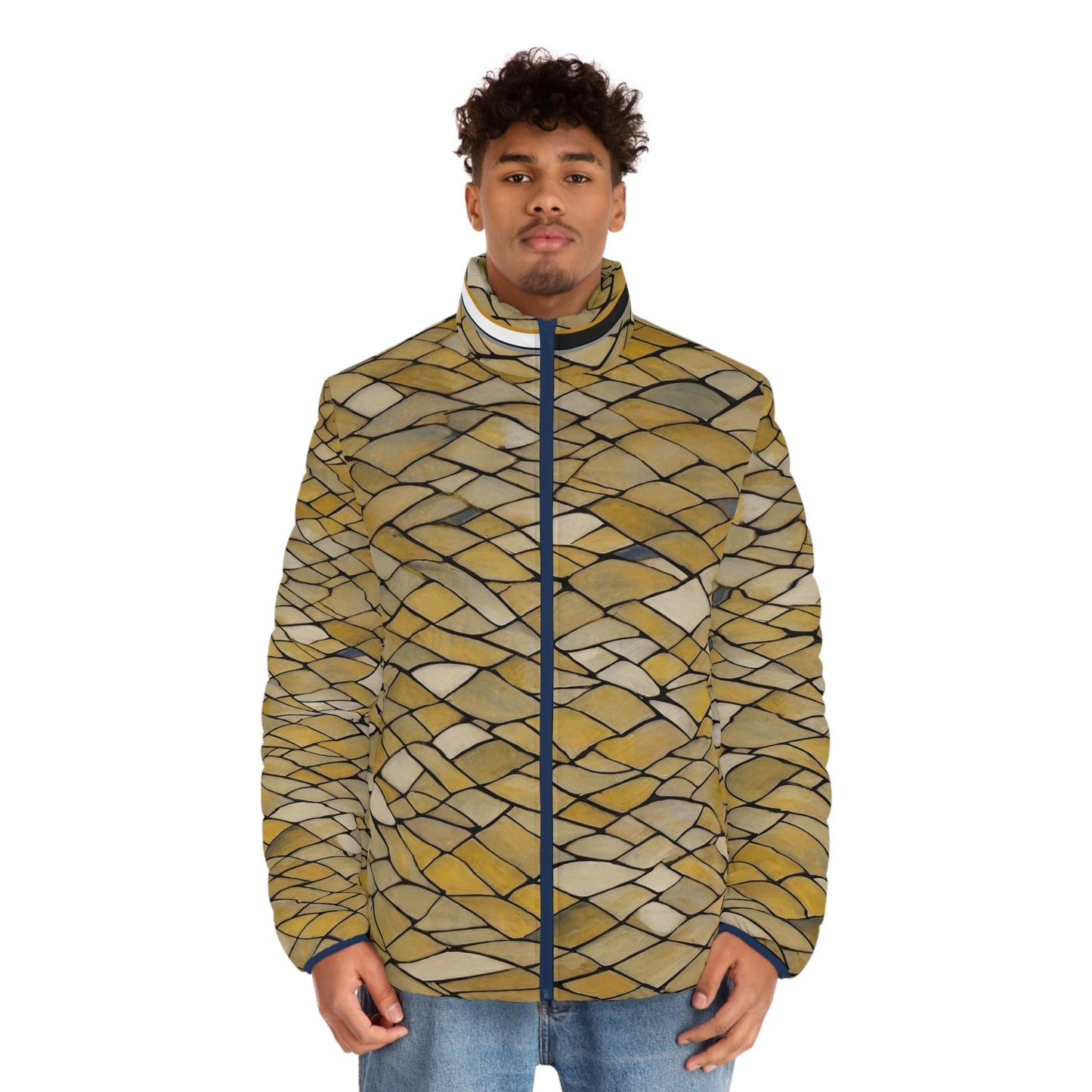 Puffer Jacket — Golden Woven Tile All-Over Print