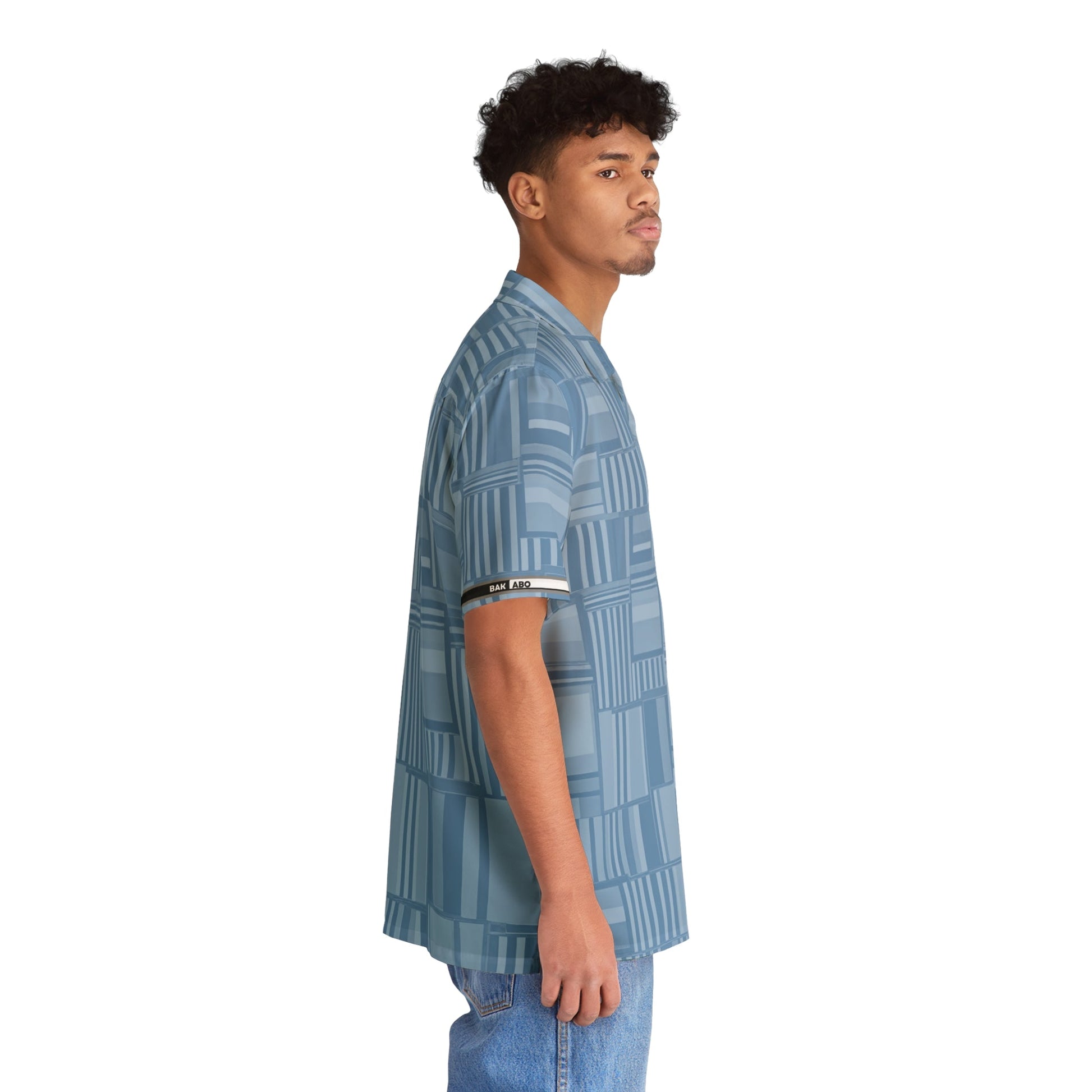 Men's Blue Geo Patchwork Hawaiian Shirt — Lightweight Vacation Camp Collar Printify bakabo.club