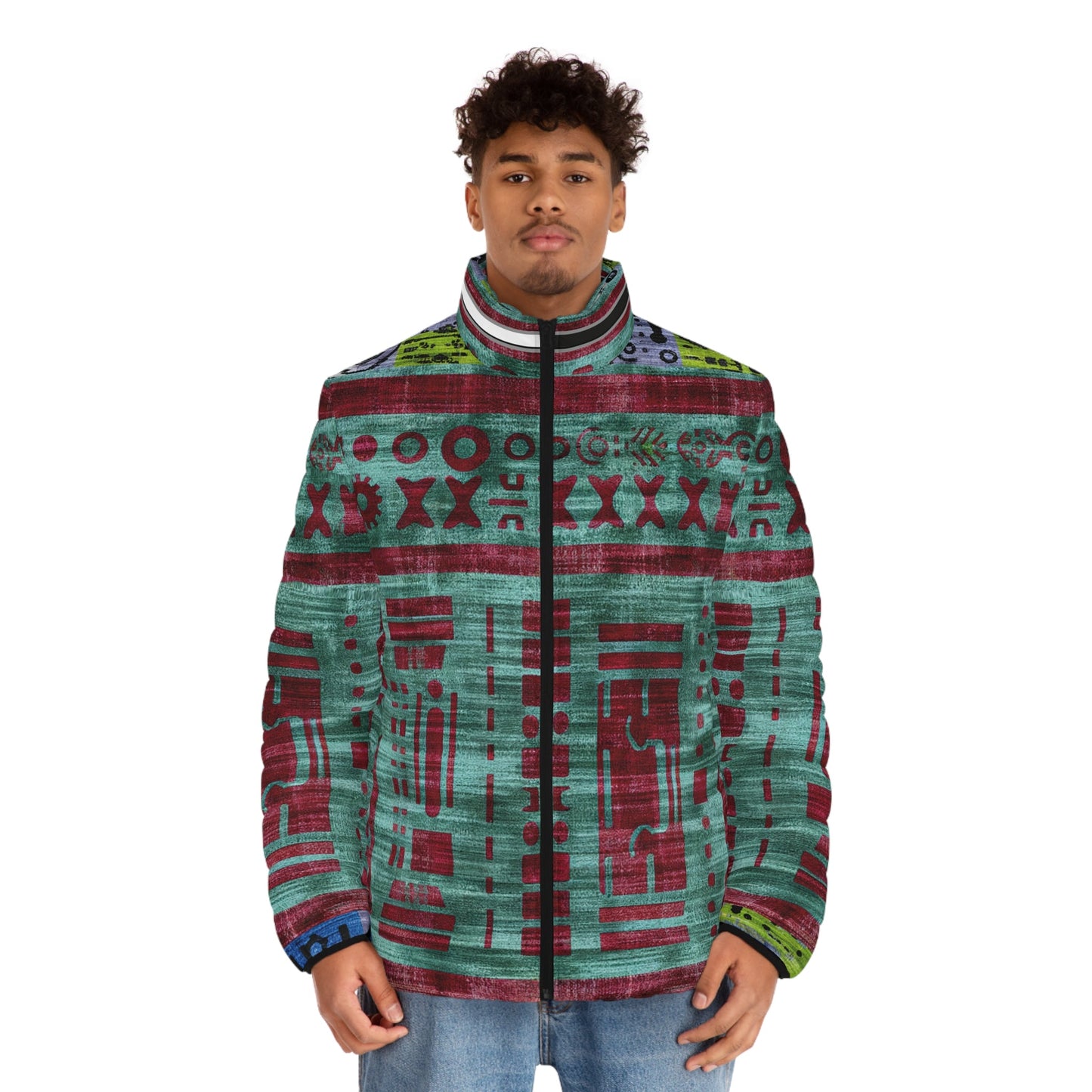 Men's Puffer Jacket — Retro Tech Graphic All-Over Print Printify bakabo.club