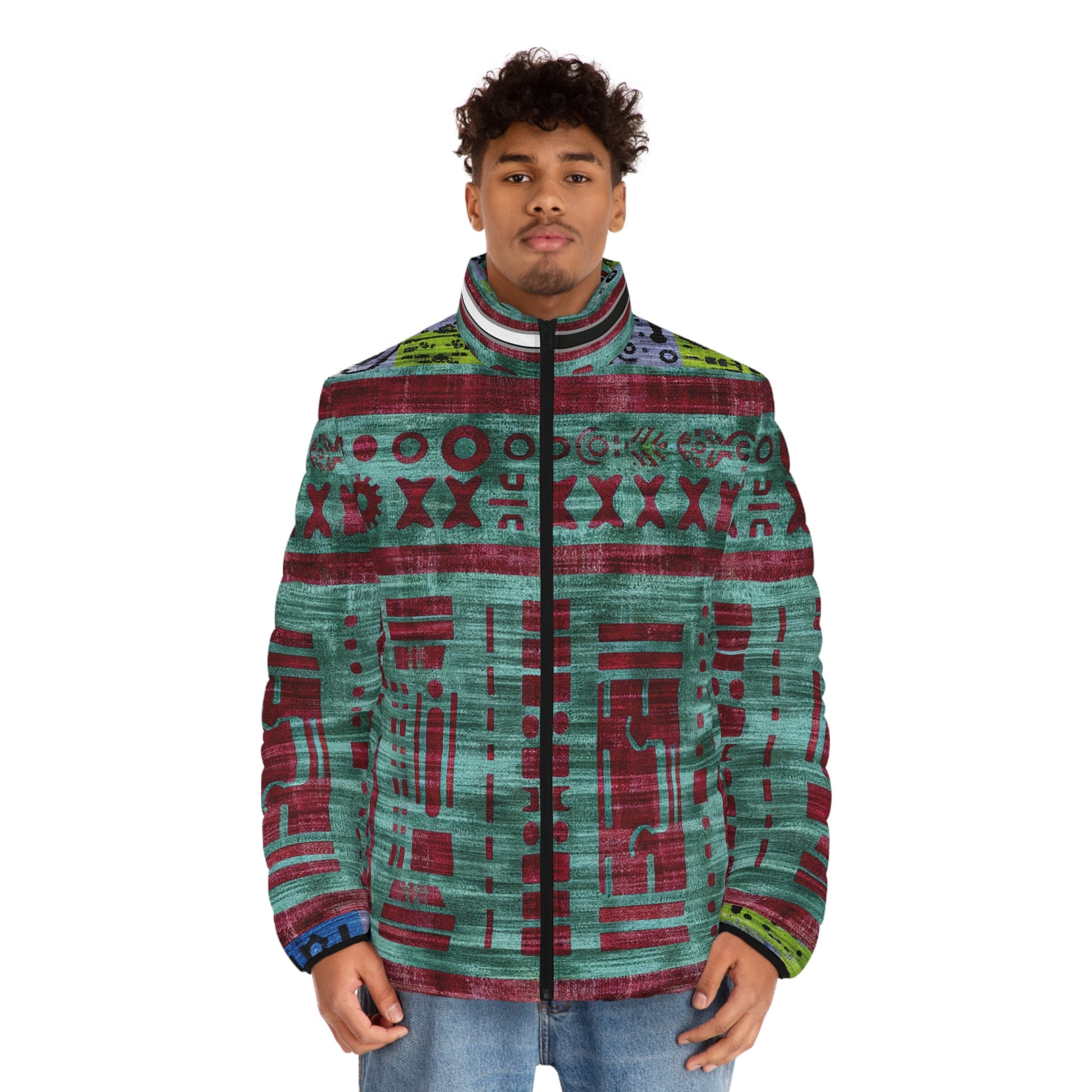 Men's Puffer Jacket — Retro Tech Graphic All-Over Print Printify bakabo.club