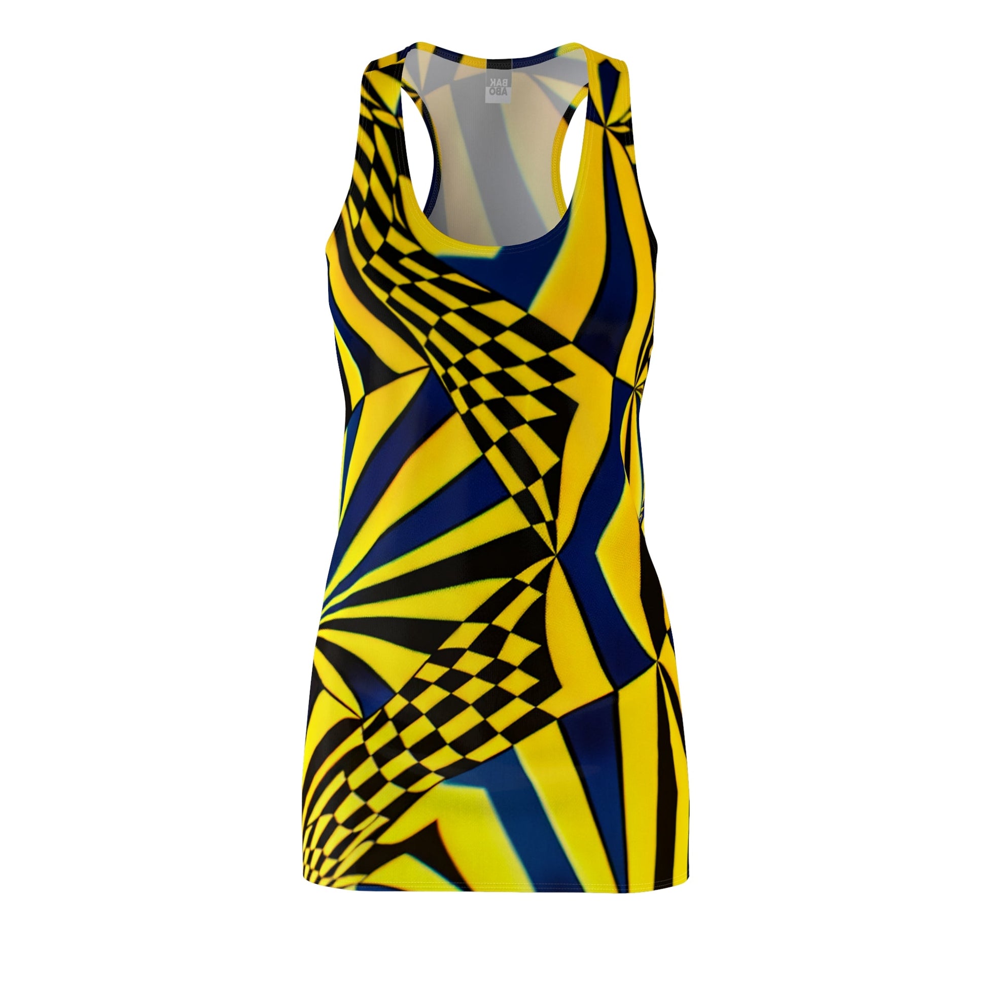 Racerback Dress — Bold Yellow & Navy Optical Check Spiral Print Printify bakabo.club