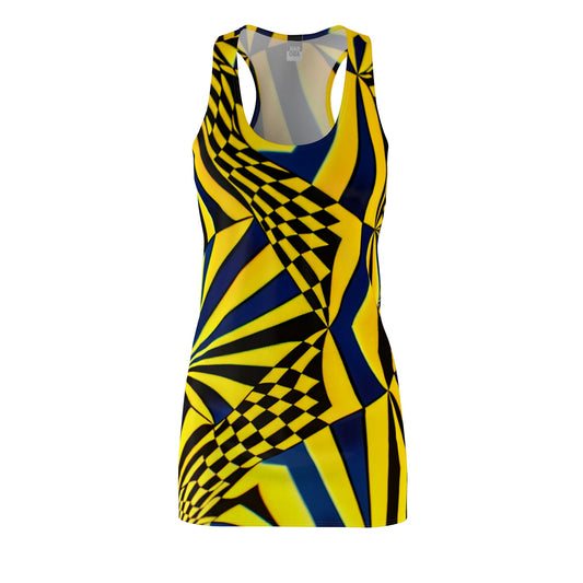 Racerback Dress — Bold Yellow & Navy Optical Check Spiral Print Printify bakabo.club