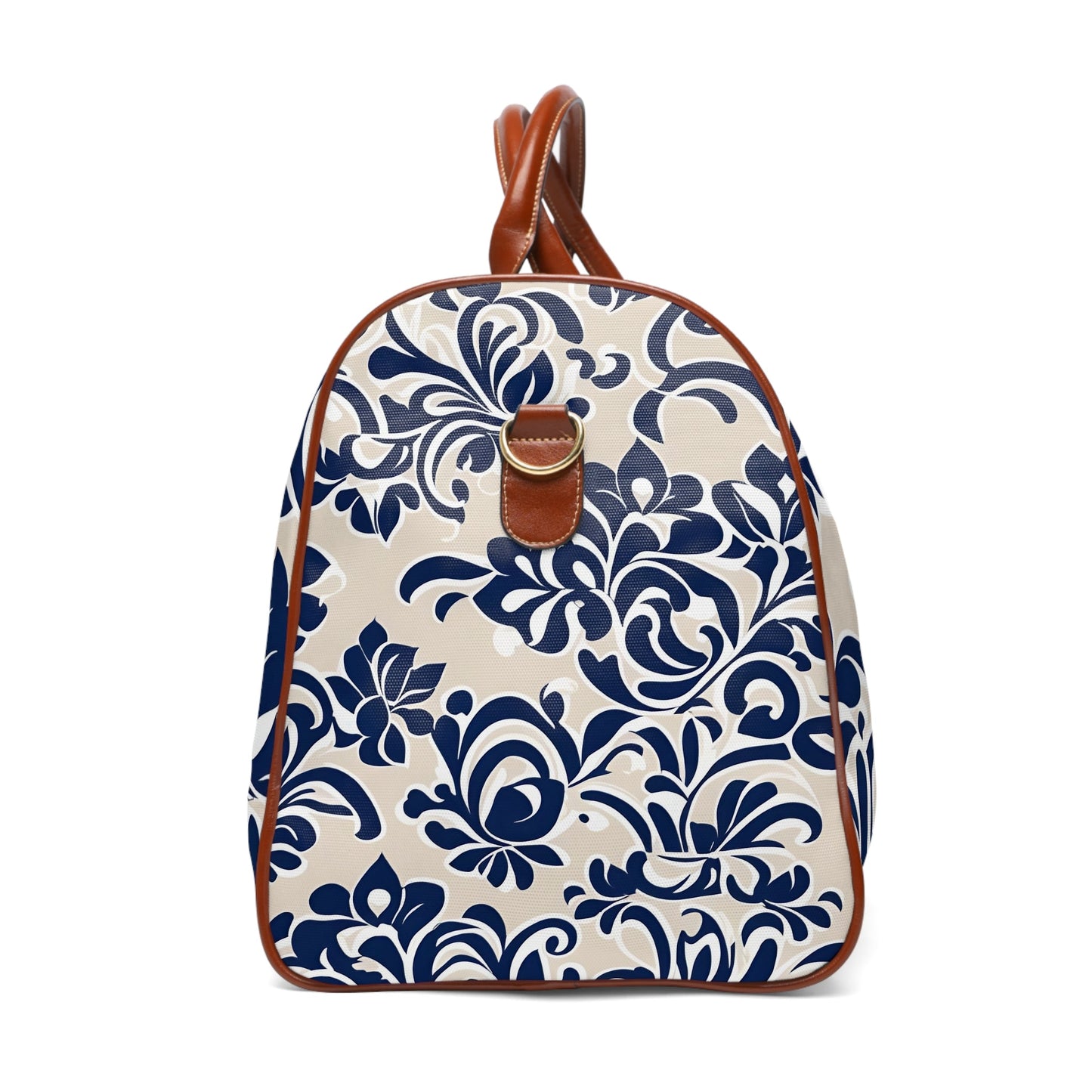 Navy Floral Waterproof Travel Bag – Weekender Duffle with Elegant Blue Damask Print Printify bakabo.club
