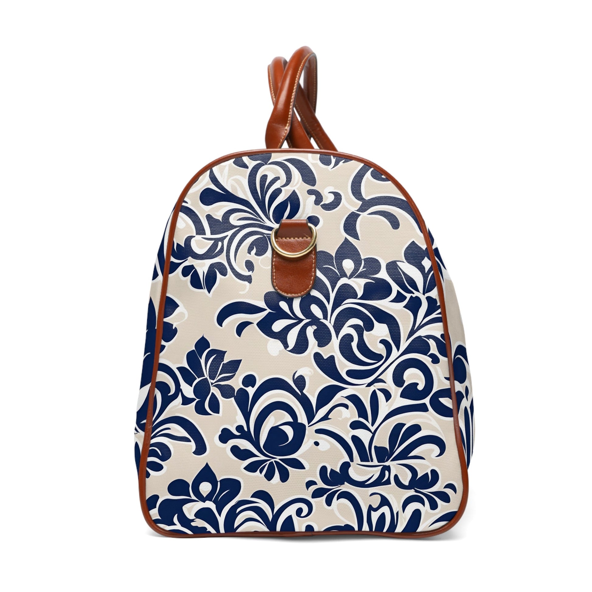 Navy Floral Waterproof Travel Bag – Weekender Duffle with Elegant Blue Damask Print Printify bakabo.club