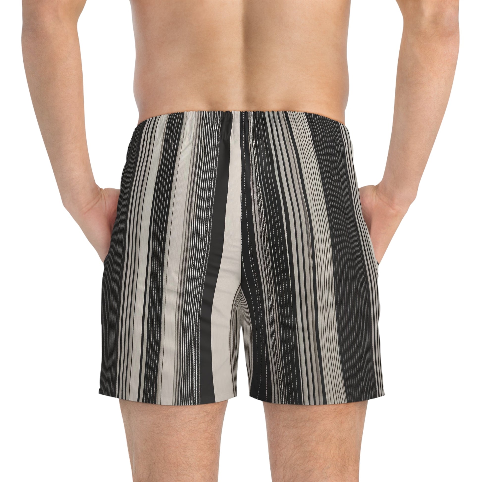 Men's Striped Swim Trunks — Neutral Black & Beige Vertical Stripe Swim Shorts Printify bakabo.club
