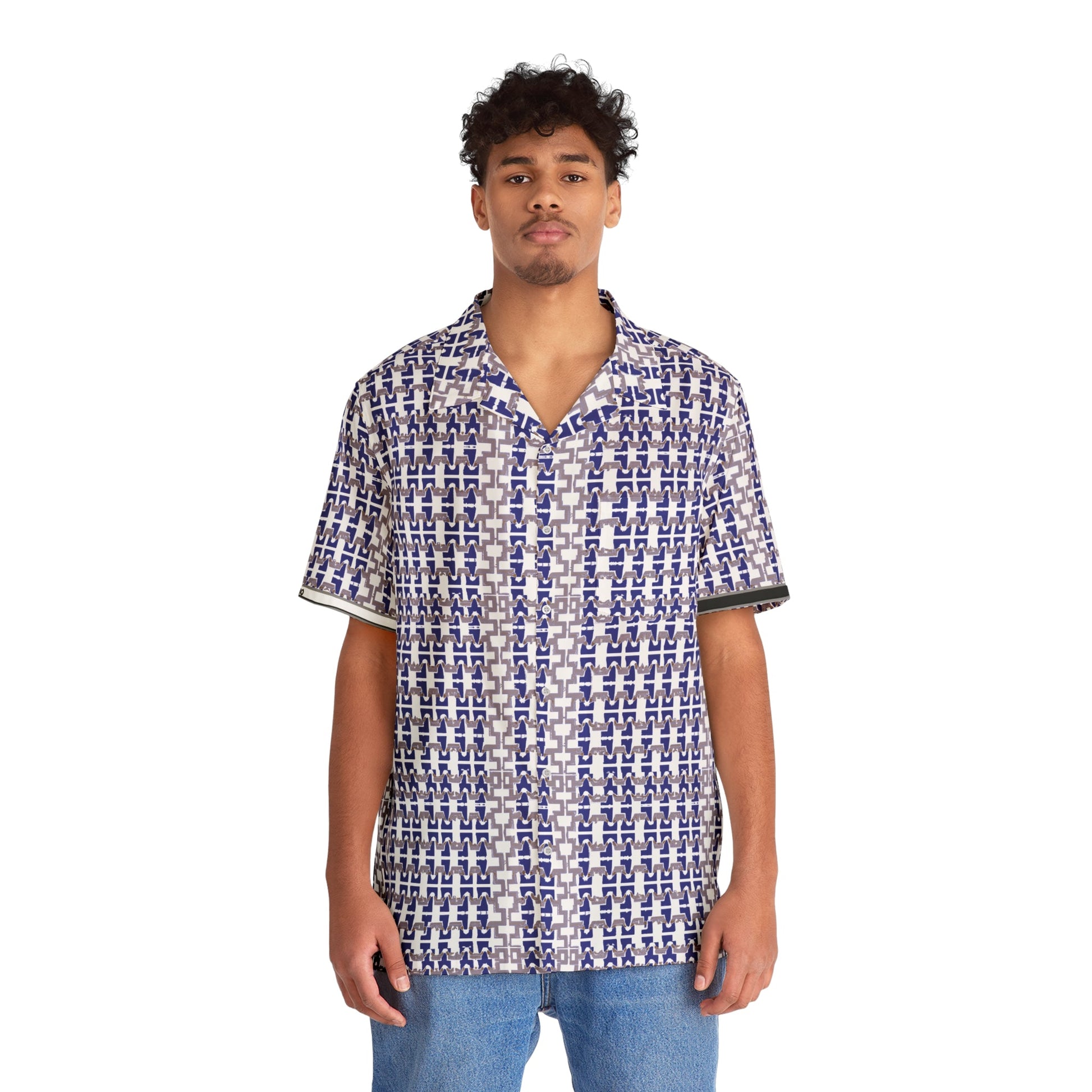 Blue Geometric Pattern Hawaiian Shirt — Men's Relaxed Aloha Shirt Printify bakabo.club