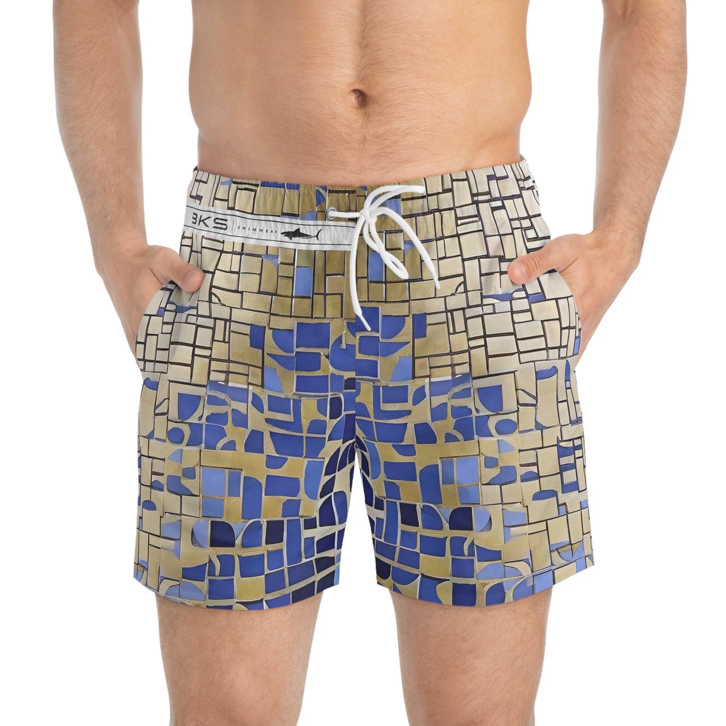 Geometric Mosaic Swim Trunks — Blue & Sand All-Over Print Printify bakabo.club