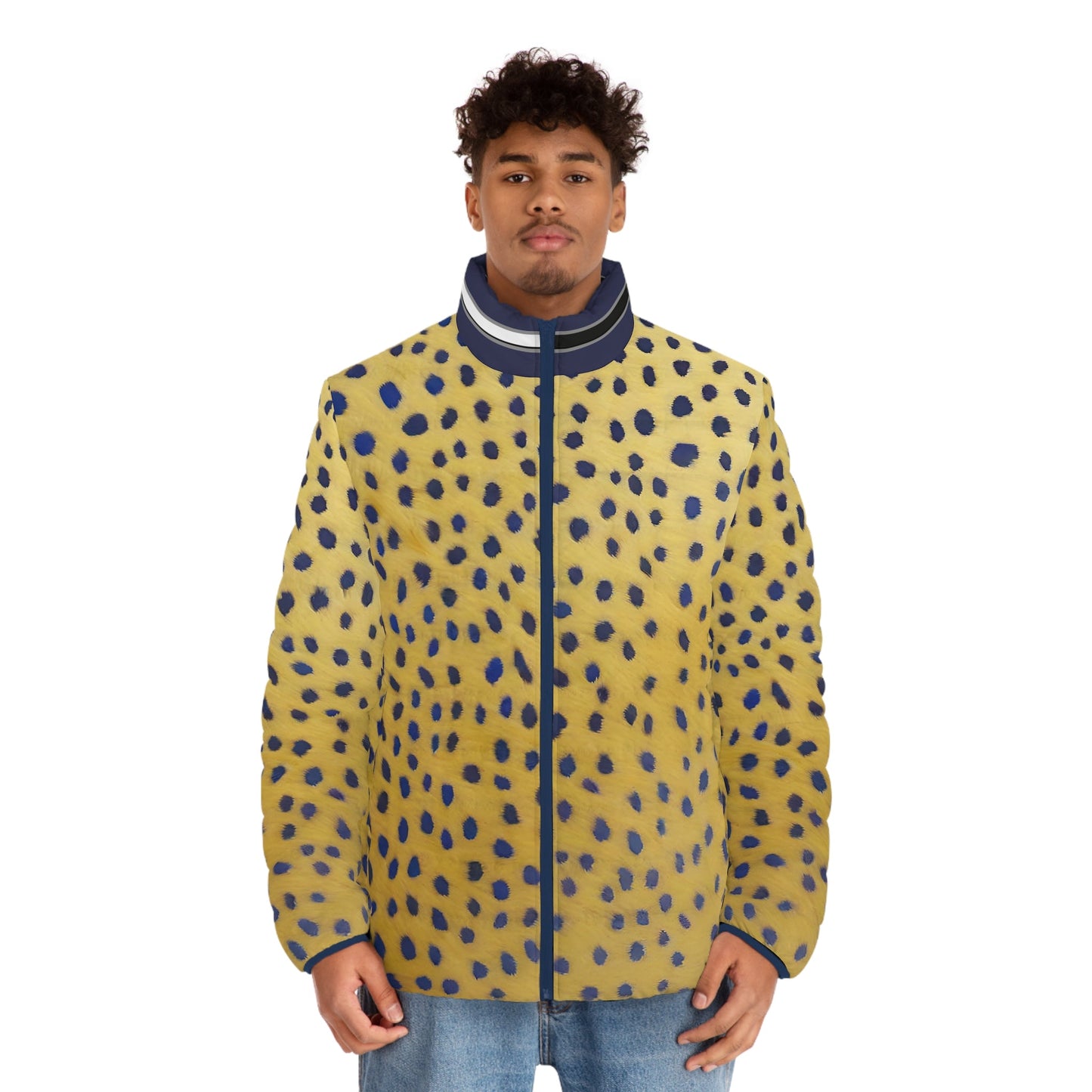 Men's Yellow Leopard Print Puffer Jacket – Bold Blue Spot AOP Outerwear Printify bakabo.club