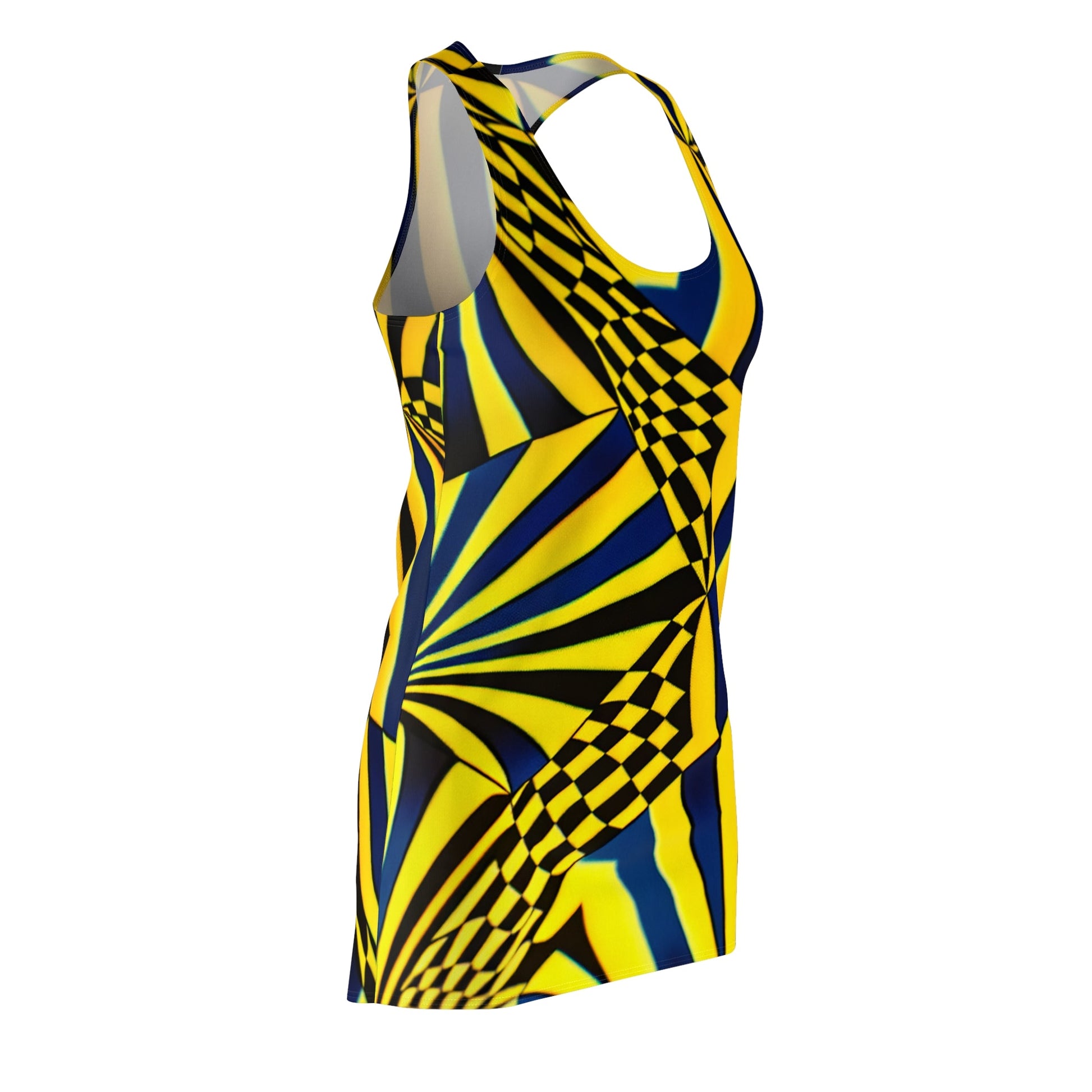 Racerback Dress — Bold Yellow & Navy Optical Check Spiral Print Printify bakabo.club