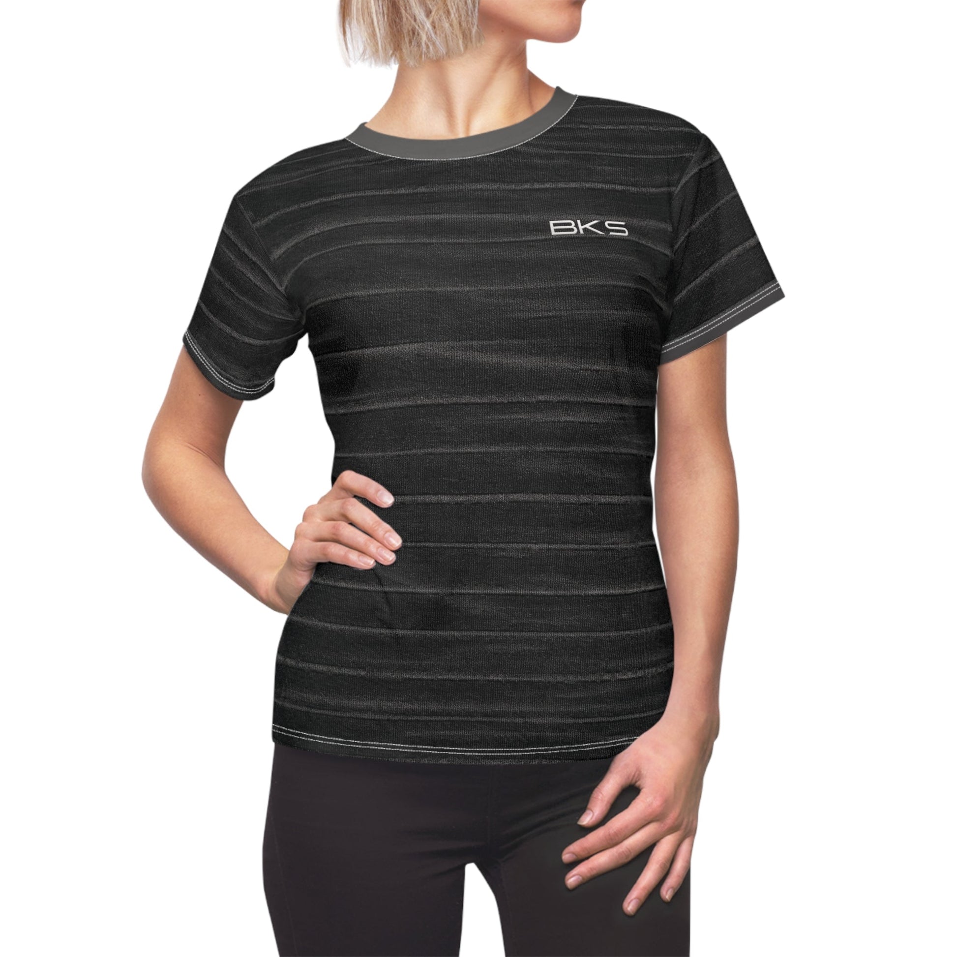 Women’s Black Washed Stripe Tee — ‘BKS’ Minimal Logo Printify bakabo.club