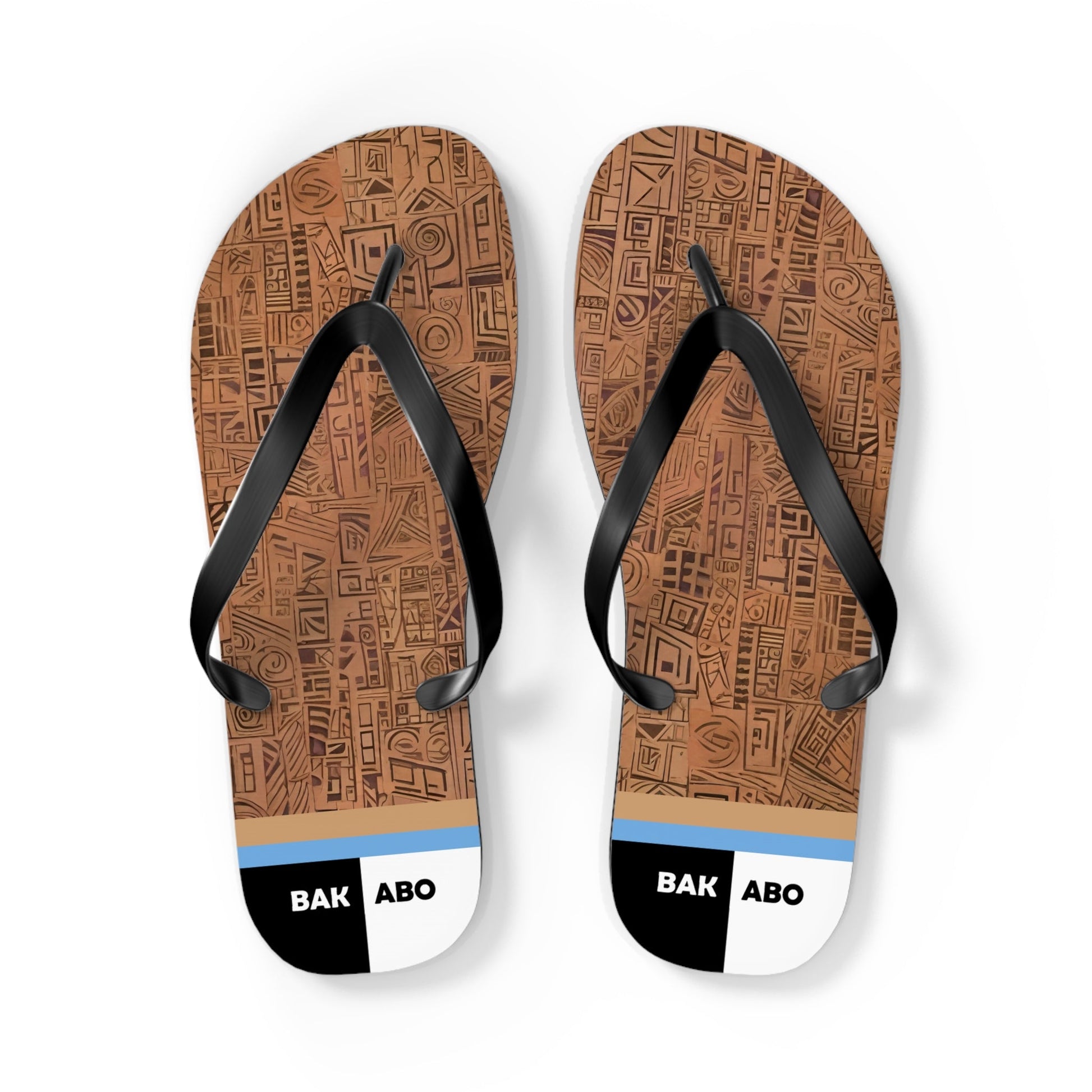 Tribal Carved Wood Pattern Flip Flops – Beach Sandals with Geometric Tiki Design Printify bakabo.club