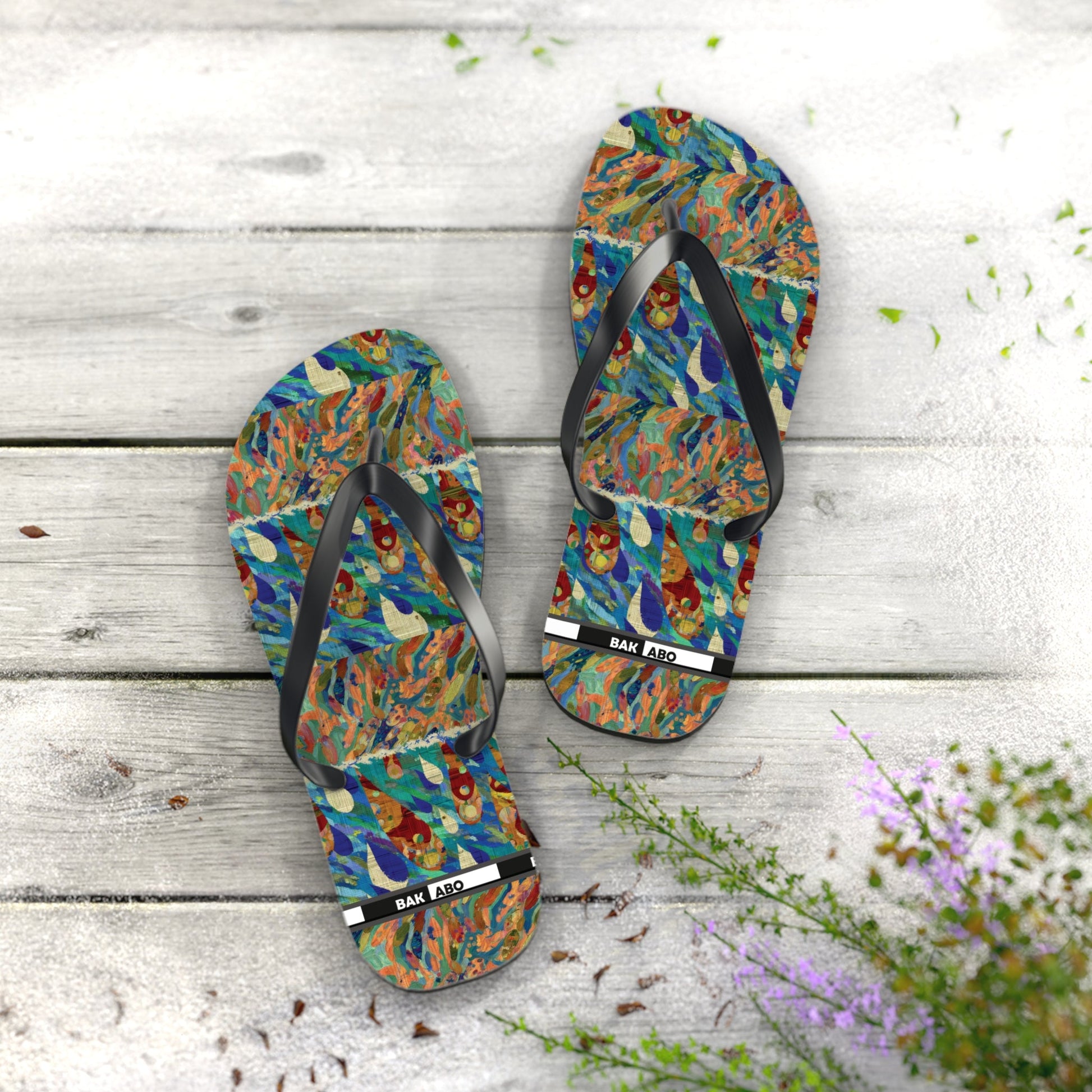 Tropical Abstract Flip Flops — Colorful Beach Sandal with Vibrant Wave Pattern Printify bakabo.club