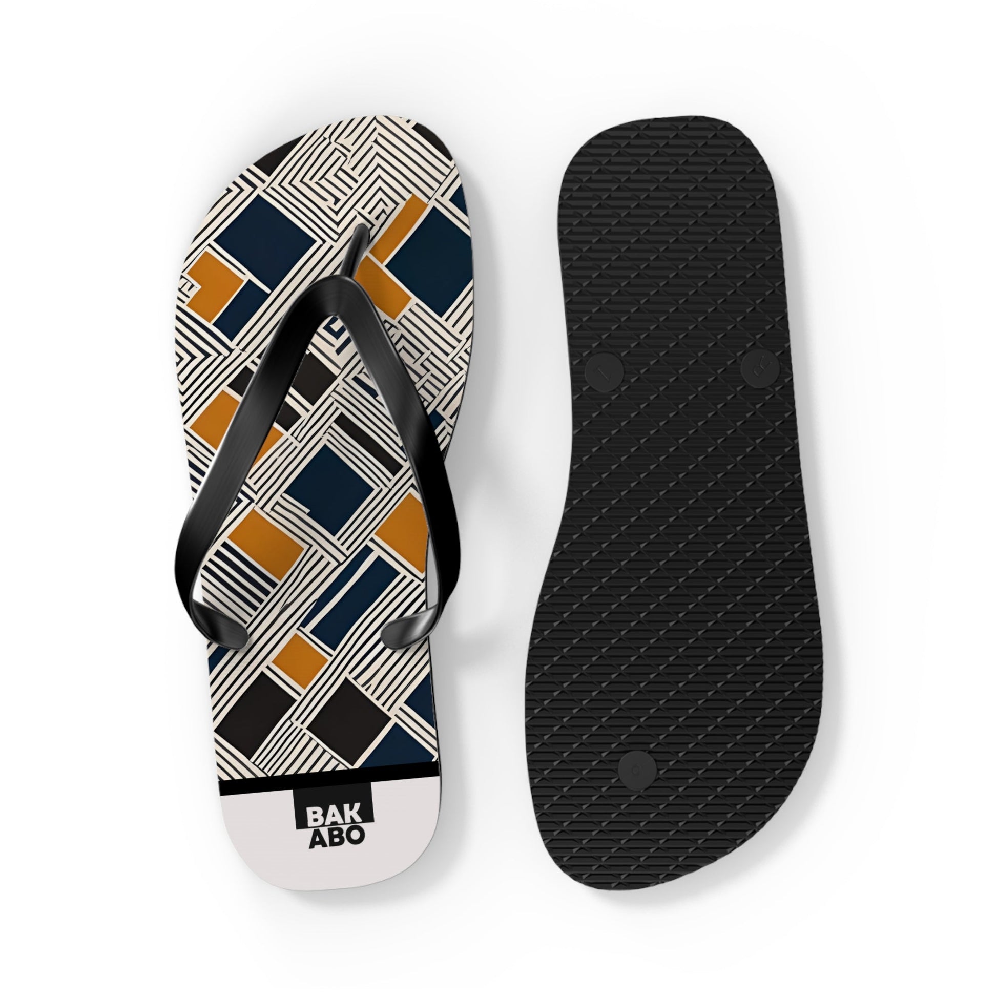 Geometric Pattern Flip Flops — Navy & Mustard Square Design Printify bakabo.club