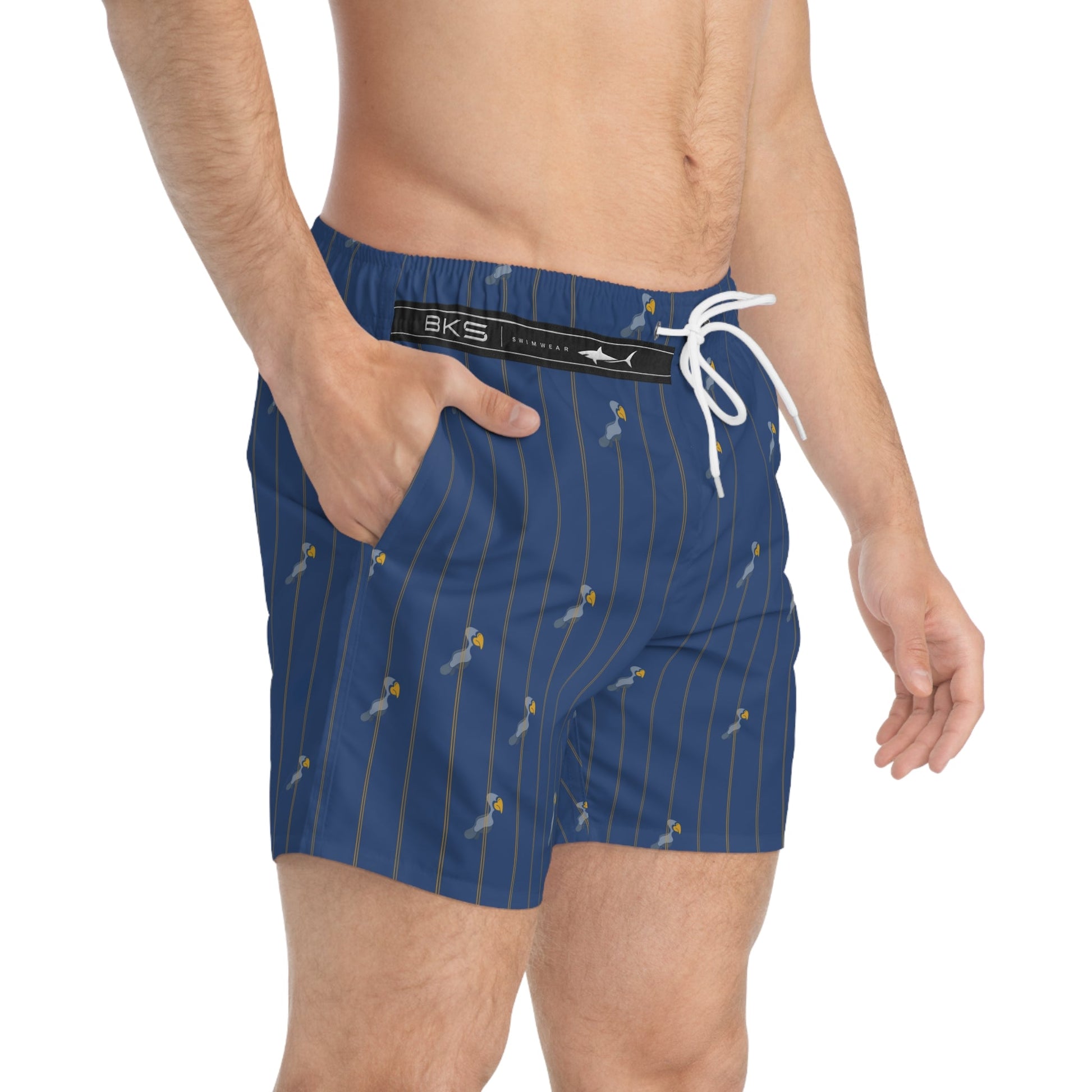 Bird Pinstripe Swim Trunks — Blue All-Over-Print Beach Shorts Printify bakabo.club