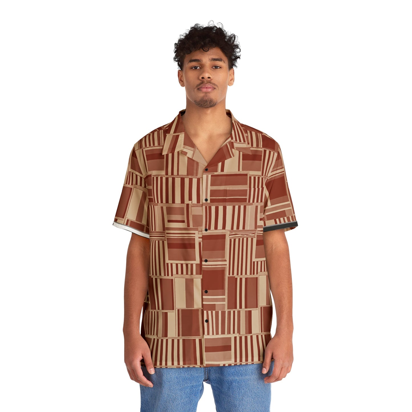 Retro Geometric Hawaiian Shirt — Brown Block Pattern AOP Printify bakabo.club