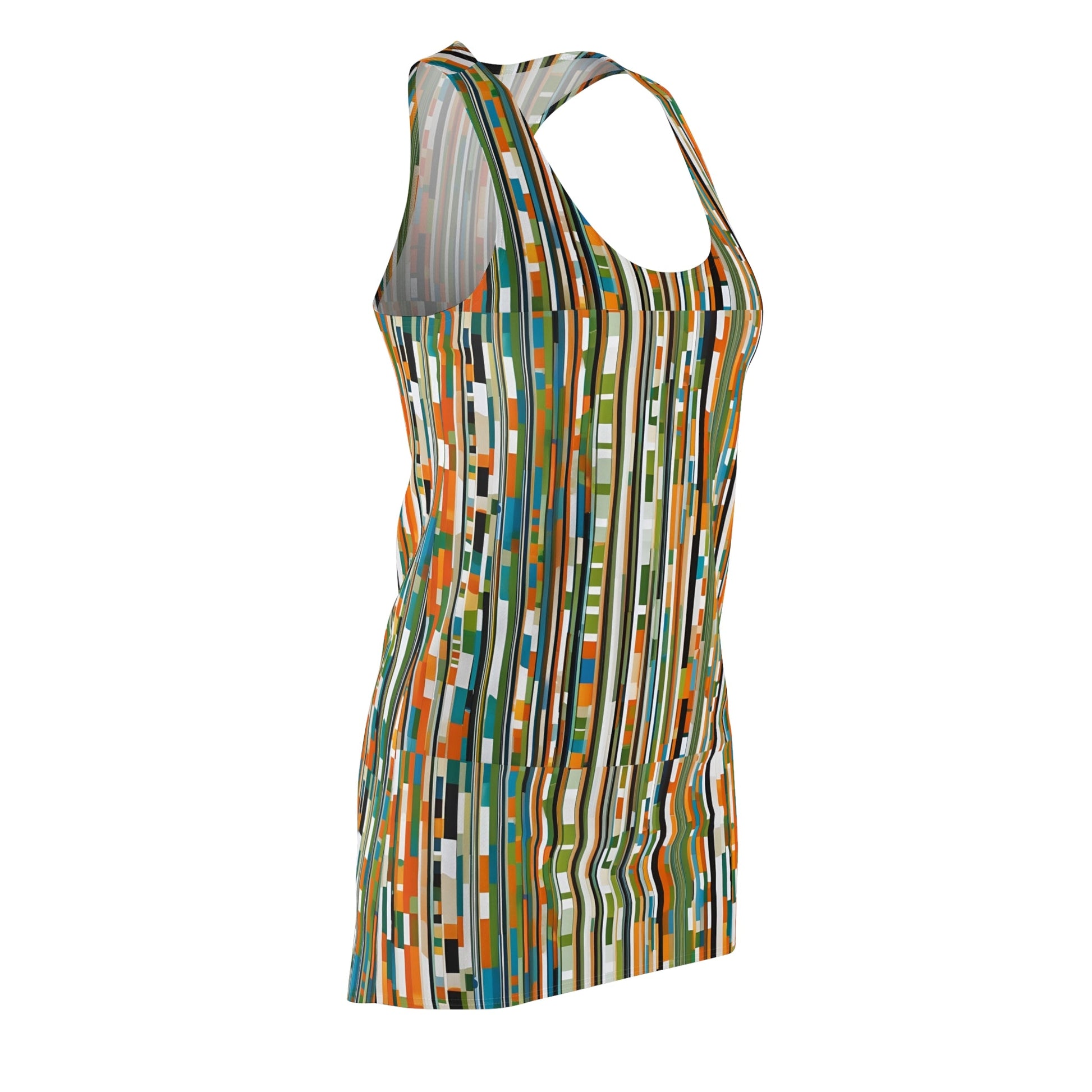 Abstract Striped Racerback Dress — Retro Olive & Orange Geometric Print Printify bakabo.club