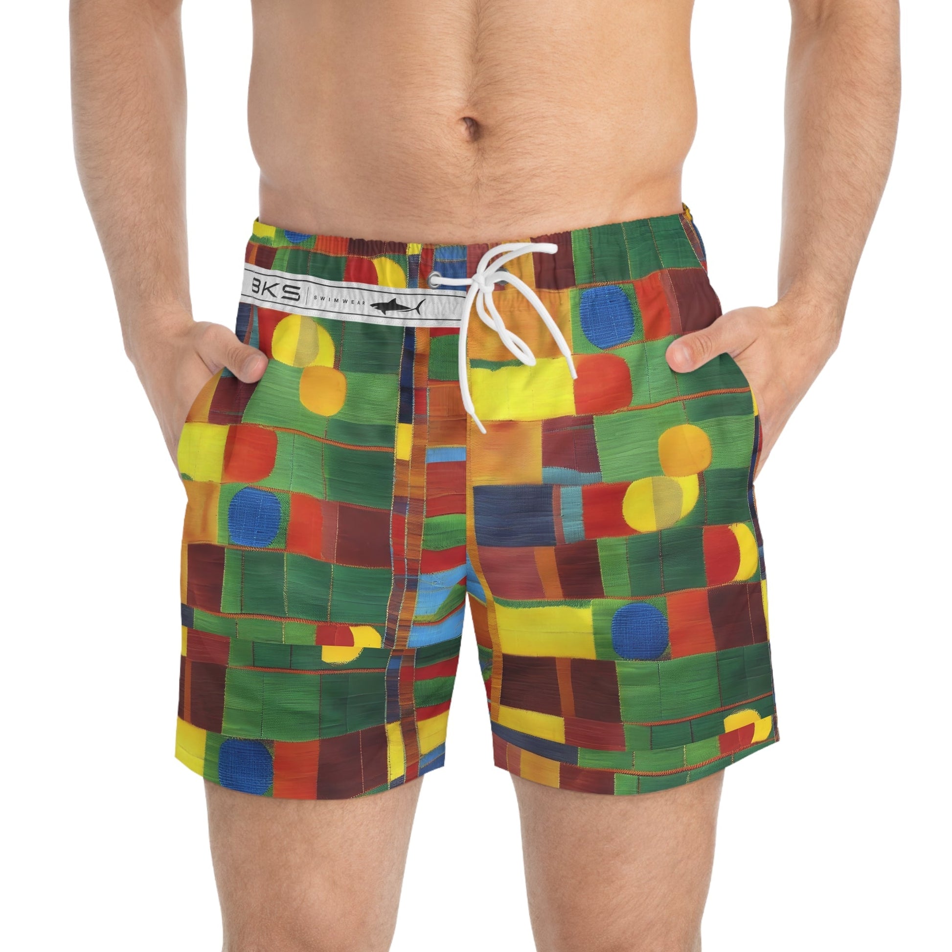 Color Block Mosaic Swim Trunks — Bold Abstract All-Over Print