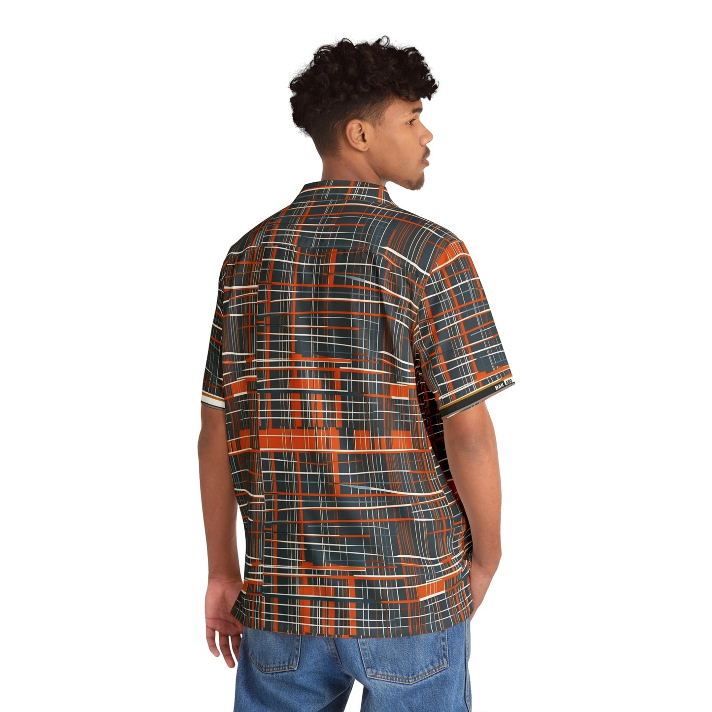Retro Grid Plaid Hawaiian Shirt — Men's Vintage Orange & Slate AOP Camp Collar Printify bakabo.club