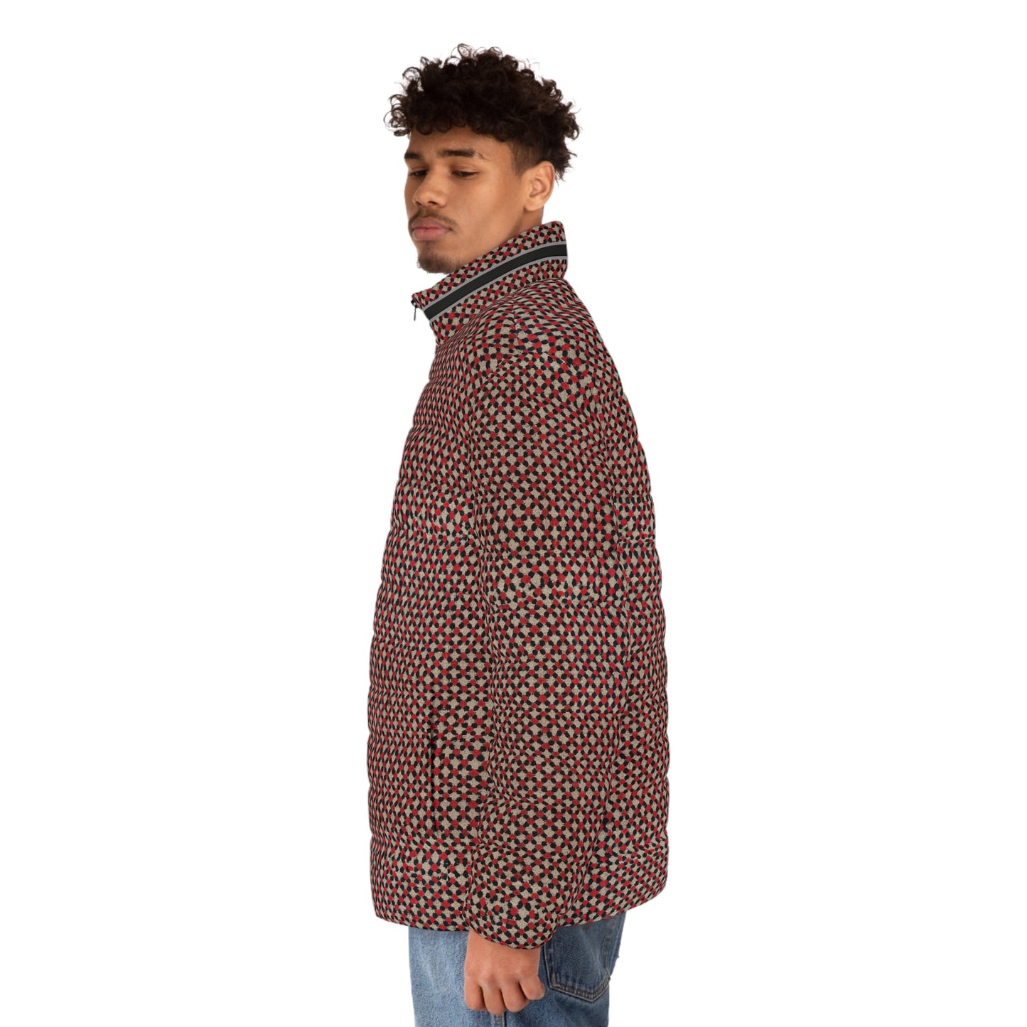 Men's Geometric Pattern Puffer Jacket — Red All-Over Print Printify bakabo.club