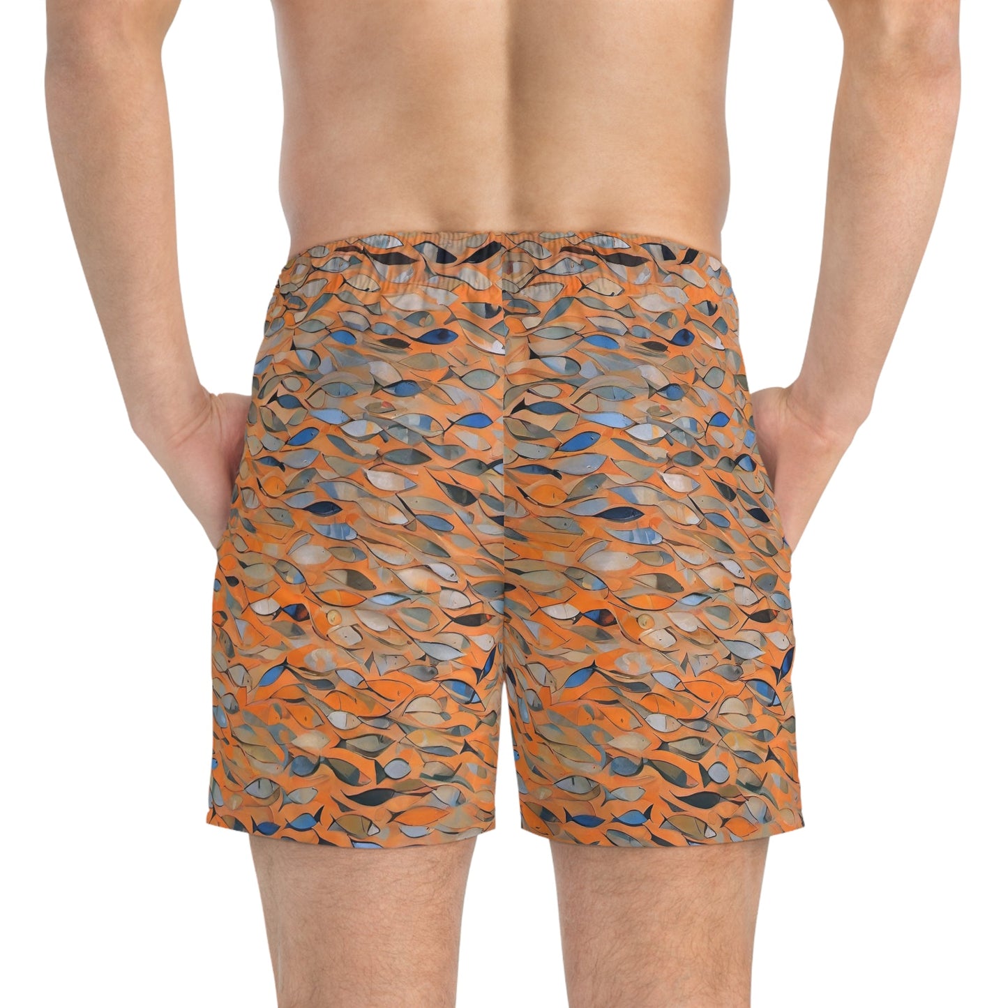 Fish School Swim Trunks — Orange Abstract All-Over-Print Beach Shorts Printify bakabo.club