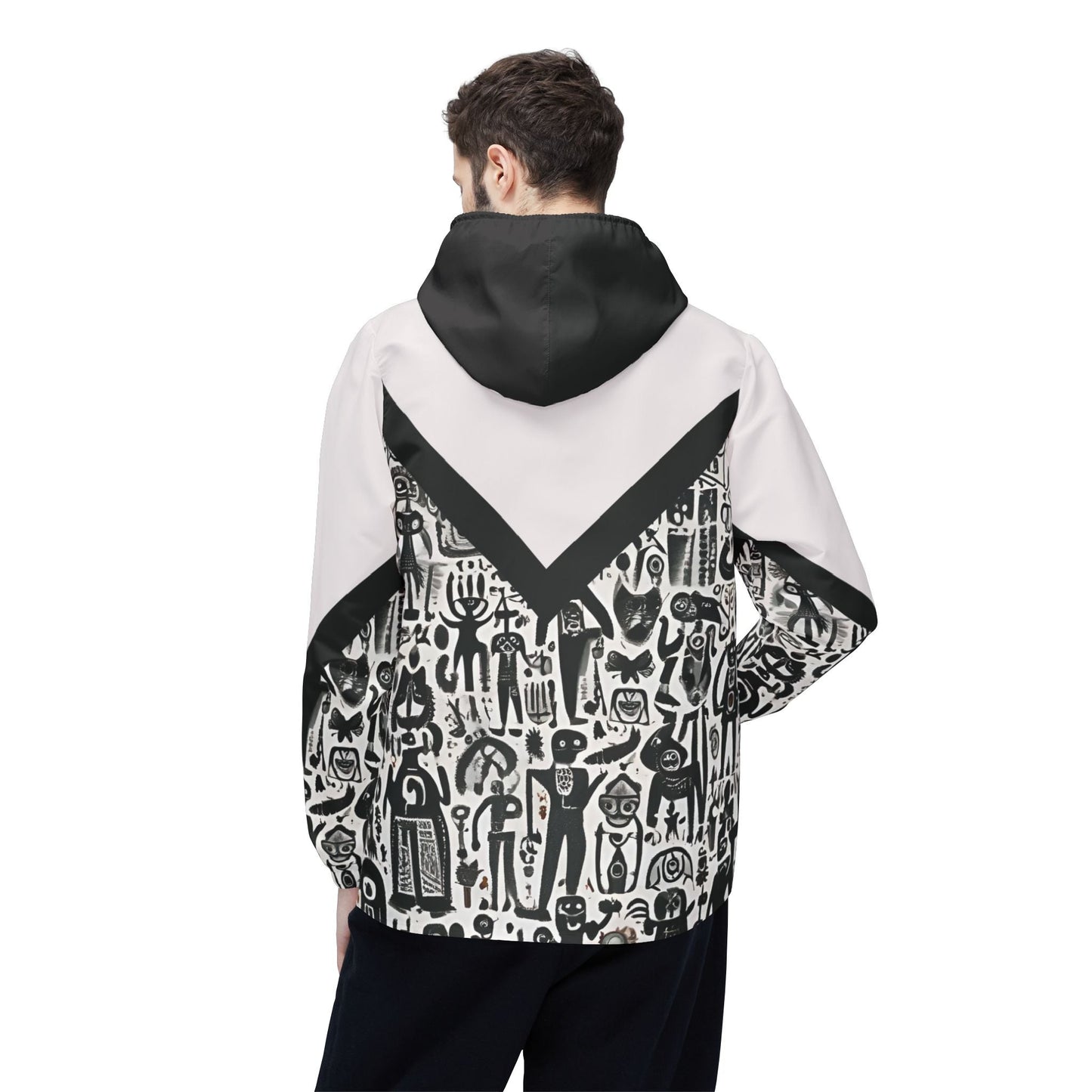 Monochrome Doodle Windbreaker Jacket – Abstract Tribal Pattern Printify bakabo.club