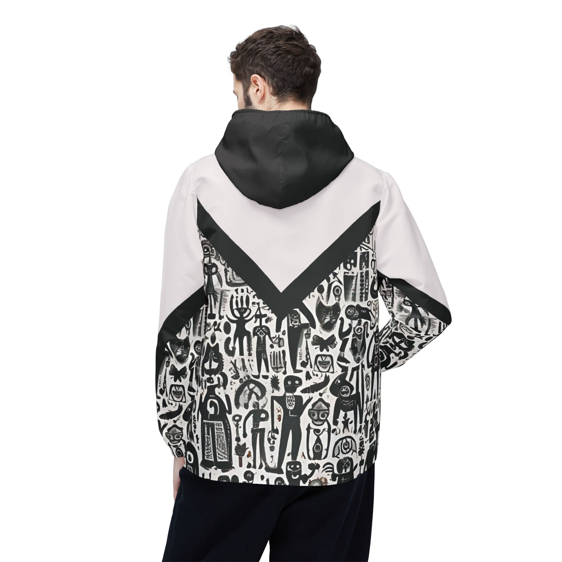Monochrome Doodle Windbreaker Jacket – Abstract Tribal Pattern Printify bakabo.club