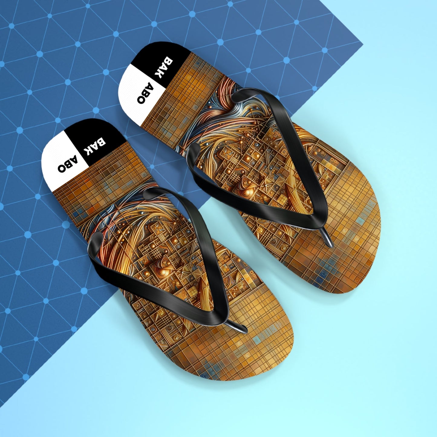 Abstract Mosaic Flip Flops — Golden Geometric Beach Sandals Printify bakabo.club