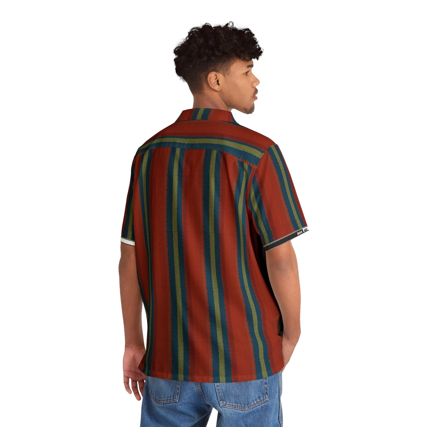 Men's Retro Stripe Hawaiian Shirt — Red Teal Camp-Collar Aloha Printify bakabo.club
