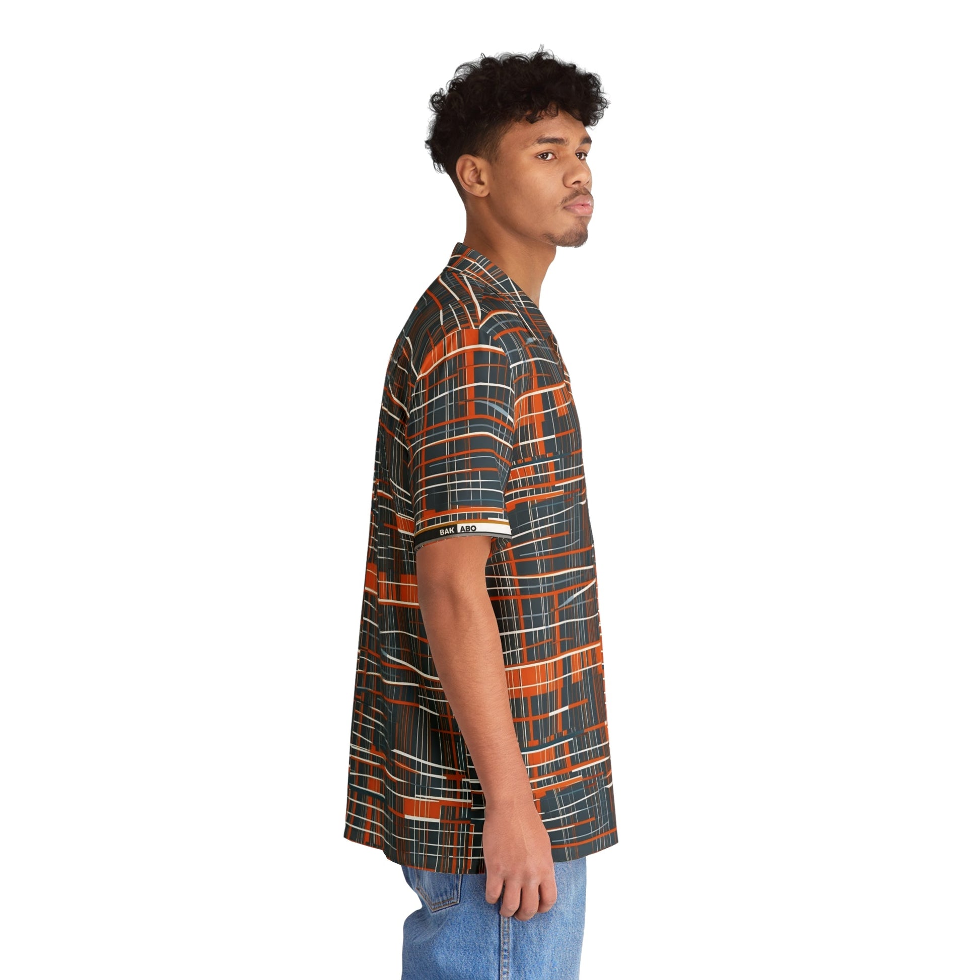 Retro Grid Plaid Hawaiian Shirt — Men's Vintage Orange & Slate AOP Camp Collar Printify bakabo.club