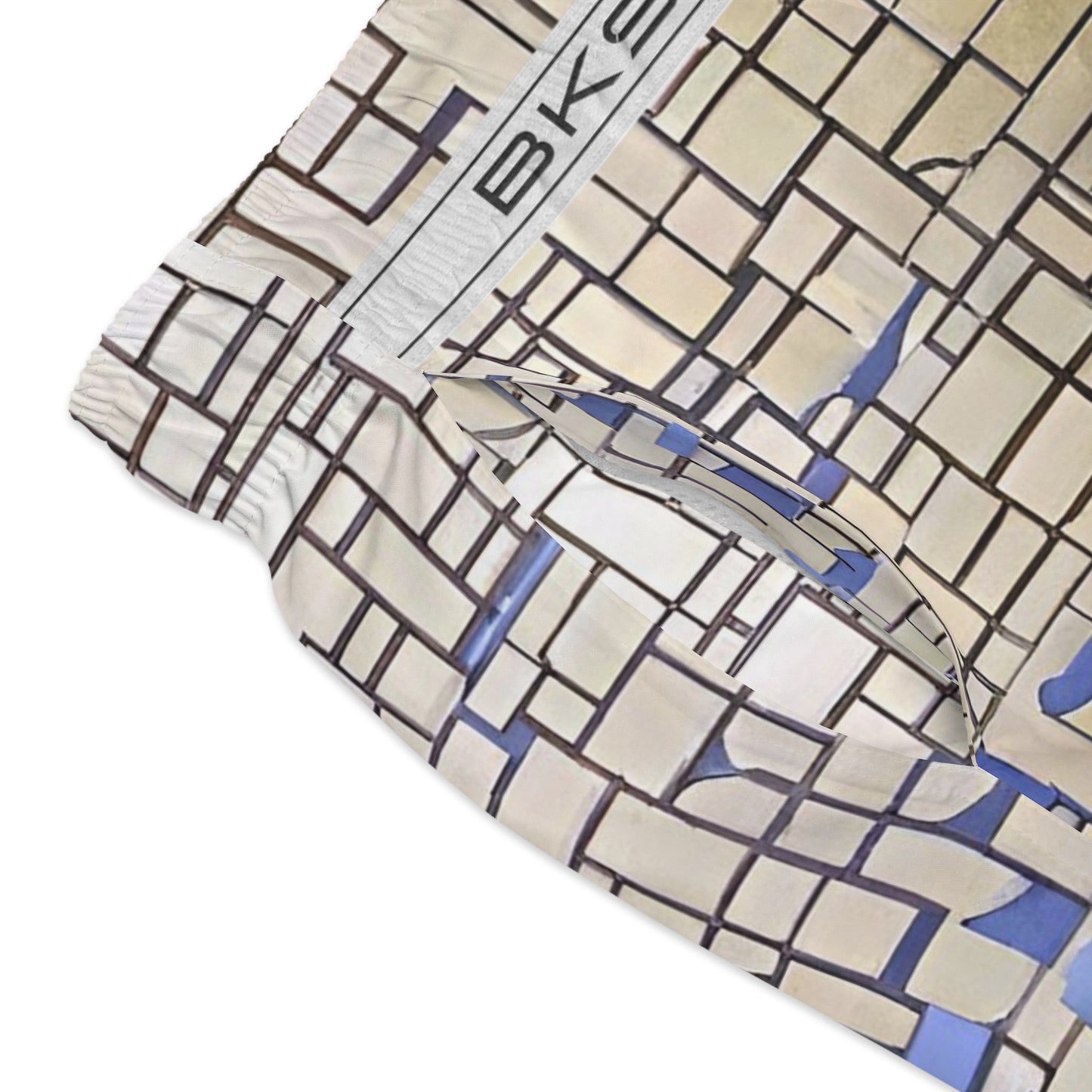 Geometric Mosaic Swim Trunks — Blue & Sand All-Over Print Printify bakabo.club