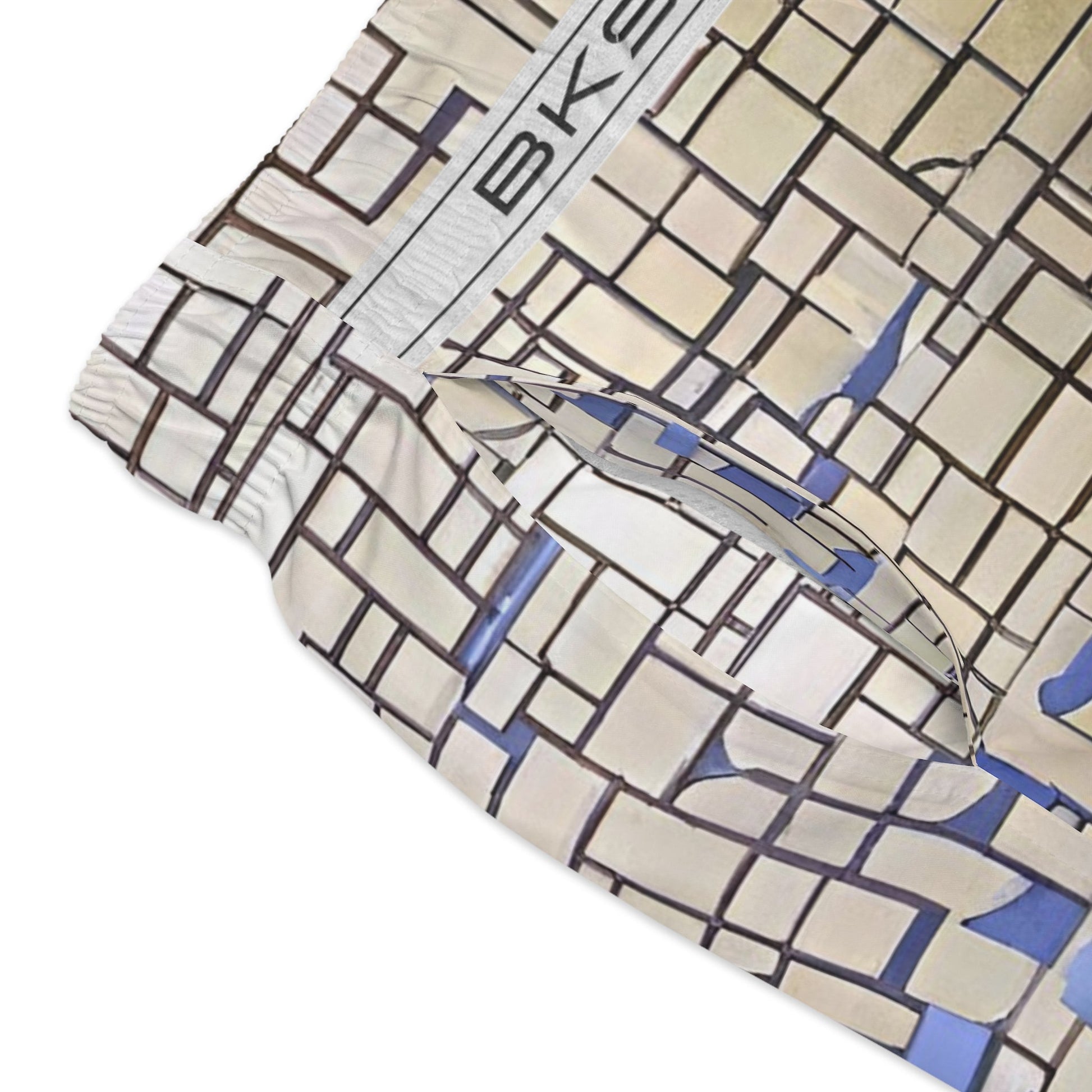 Geometric Mosaic Swim Trunks — Blue & Sand All-Over Print Printify bakabo.club