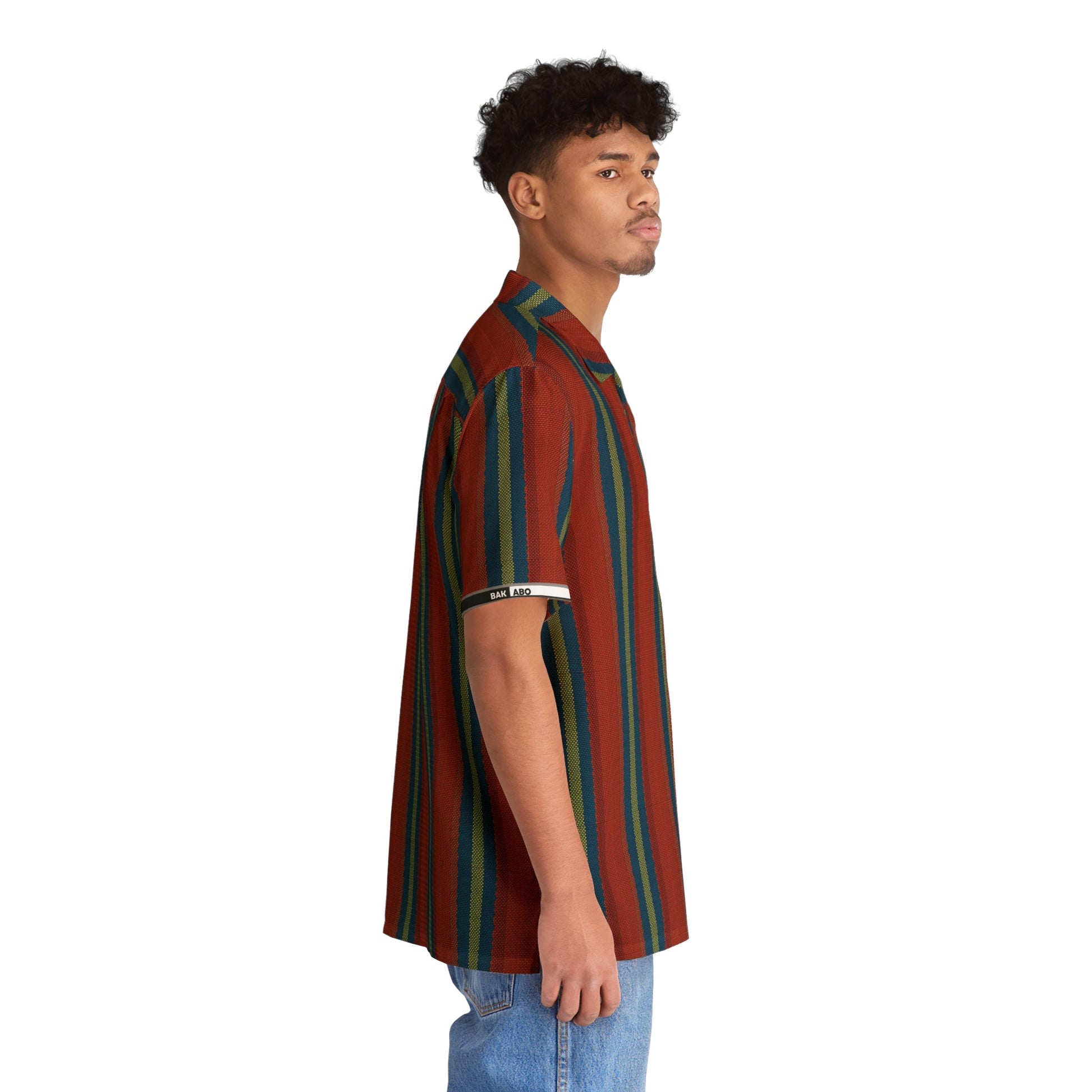 Men's Retro Stripe Hawaiian Shirt — Red Teal Camp-Collar Aloha Printify bakabo.club