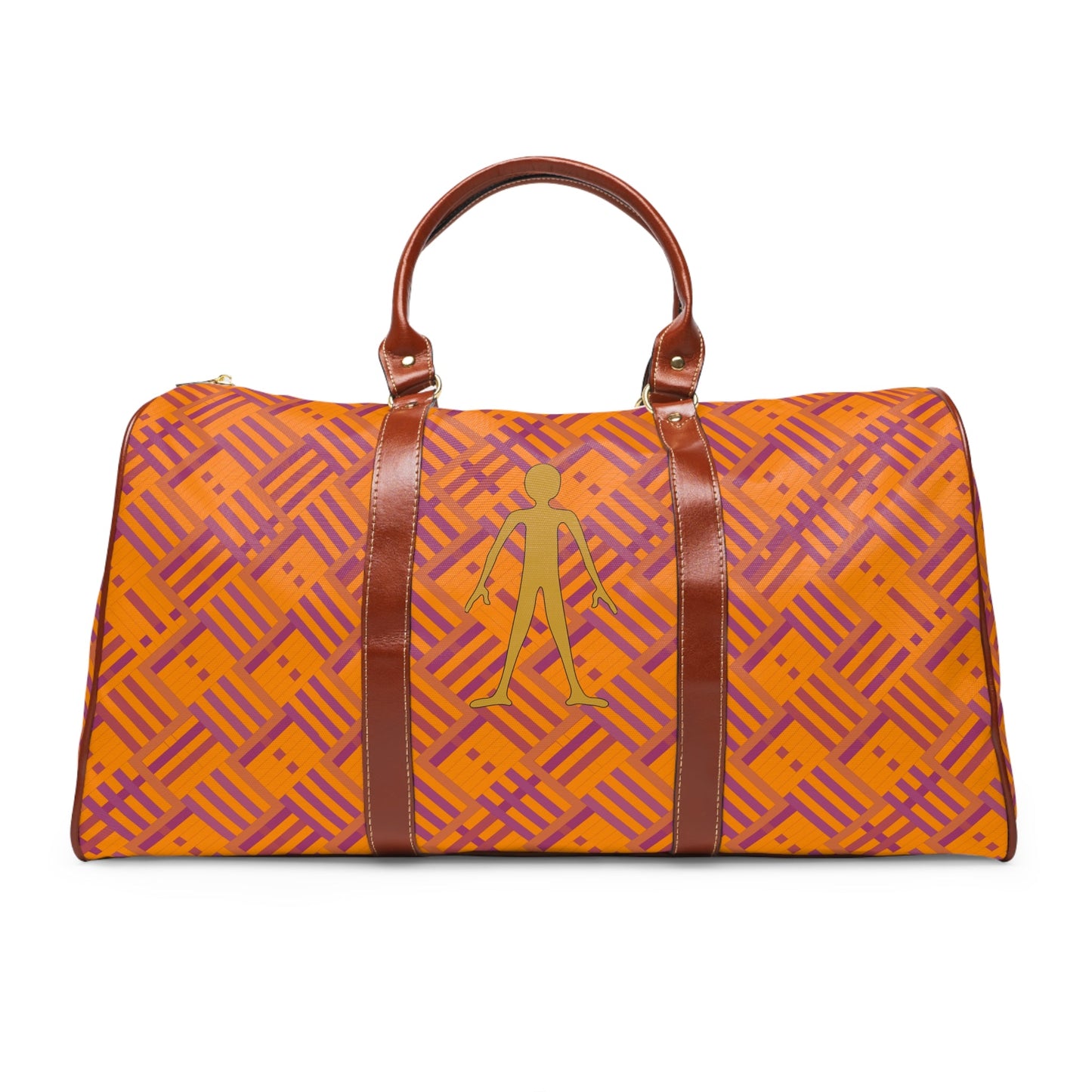 Waterproof Travel Bag - Orange Geometric Duffle with Gold Stick Figure Accent Printify bakabo.club