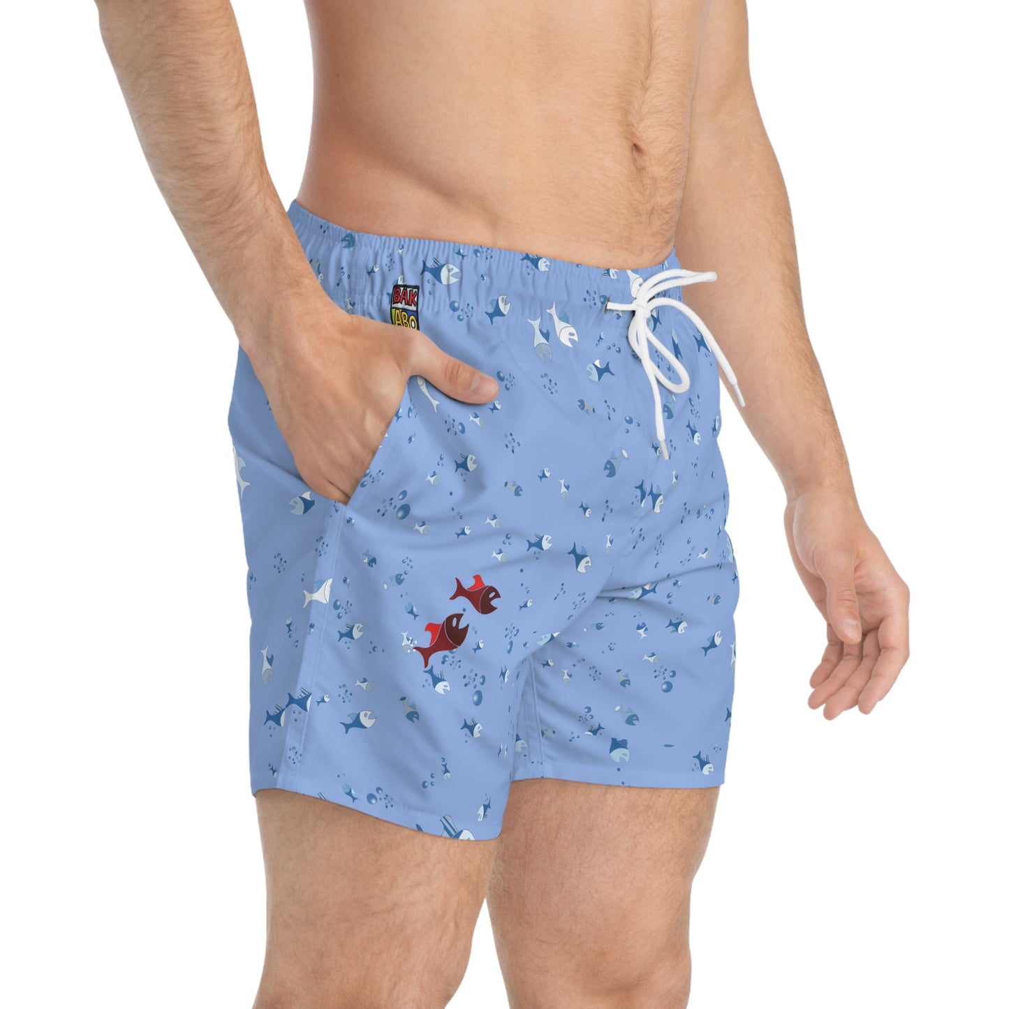 Shark & Fish Pattern Swim Trunks — Light Blue Beach Shorts Printify bakabo.club