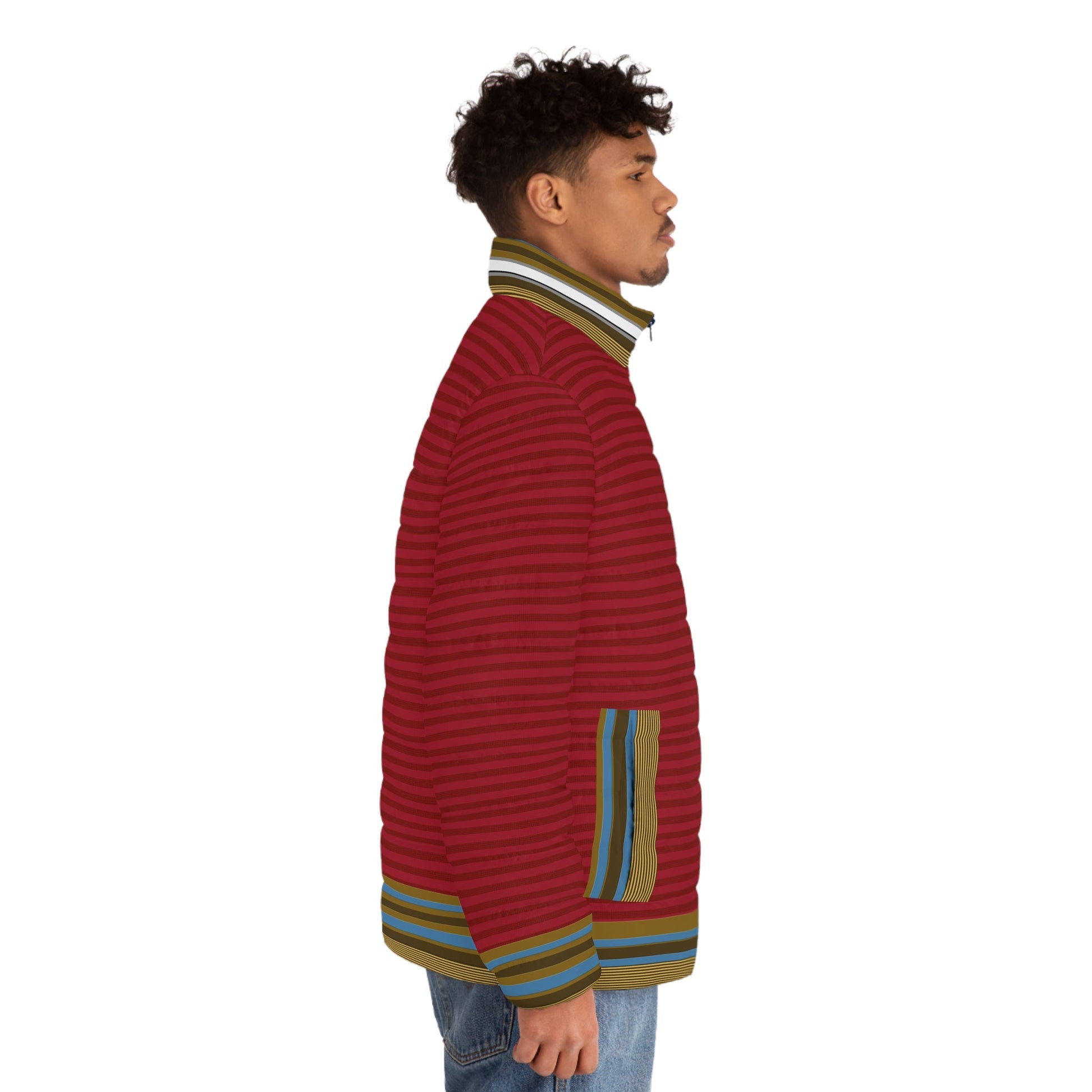 Men's Red Striped Puffer Jacket — Retro Multicolor Trim... Printify bakabo.club