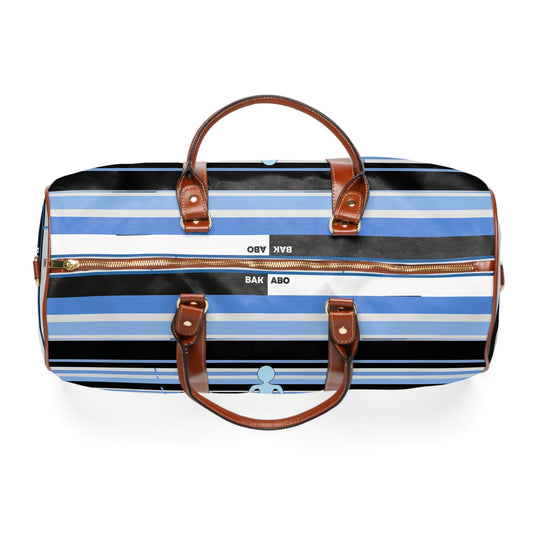 Blue Striped Waterproof Travel Duffle Bag with Minimalist Figure Printify bakabo.club