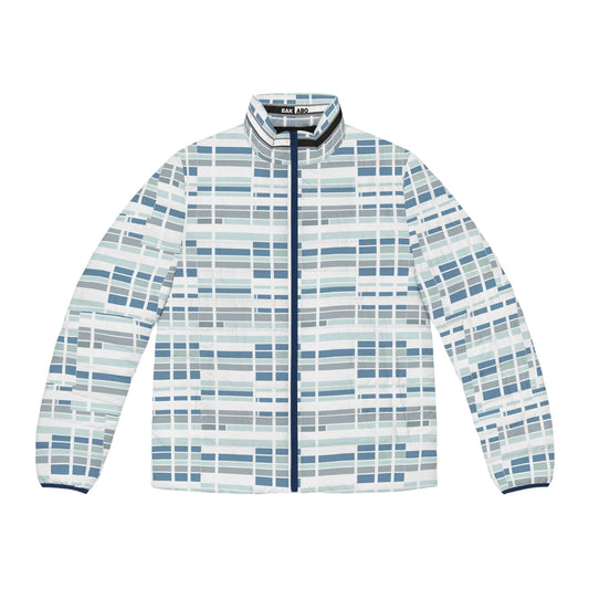 Men's Puffer Jacket — Cool Blue Geometric Plaid All-Over Print Printify bakabo.club