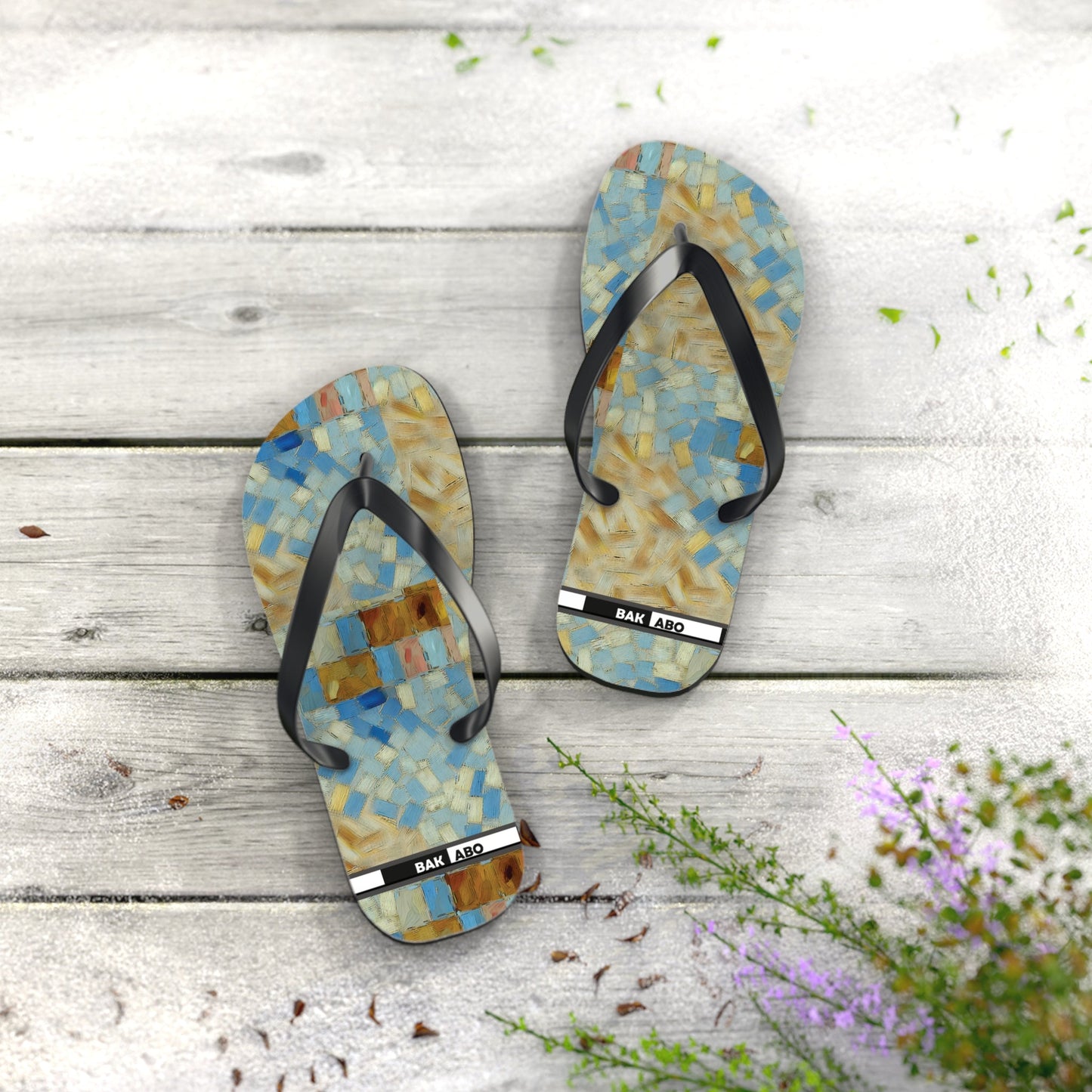 Mosaic Tile Flip Flops — Blue & Sand Beach Sandals Printify bakabo.club