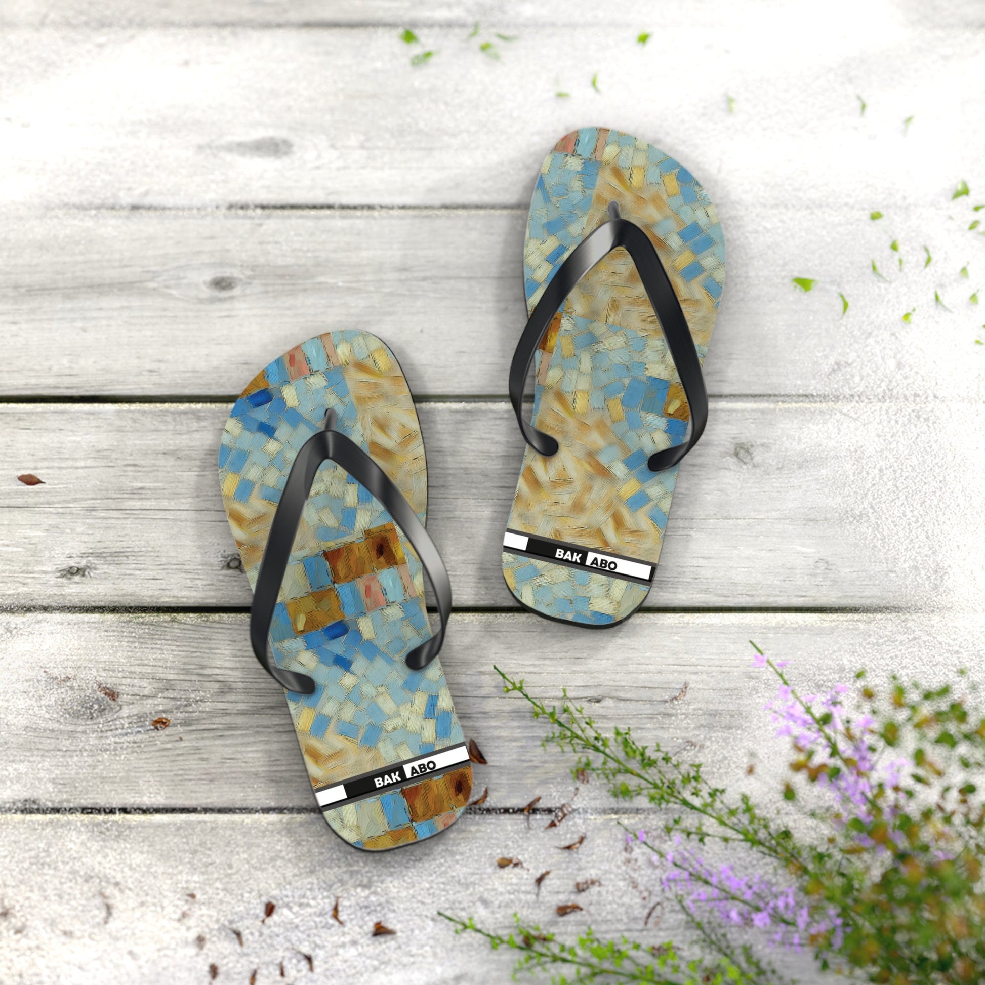 Mosaic Tile Flip Flops — Blue & Sand Beach Sandals Printify bakabo.club