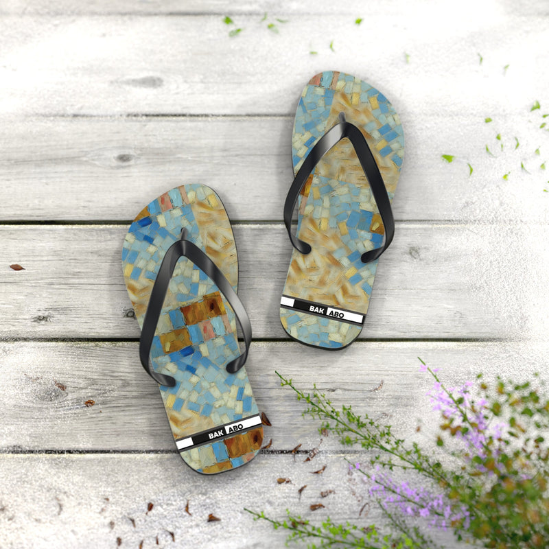 Mosaic Tile Flip Flops — Blue & Sand Beach Sandals Printify bakabo.club