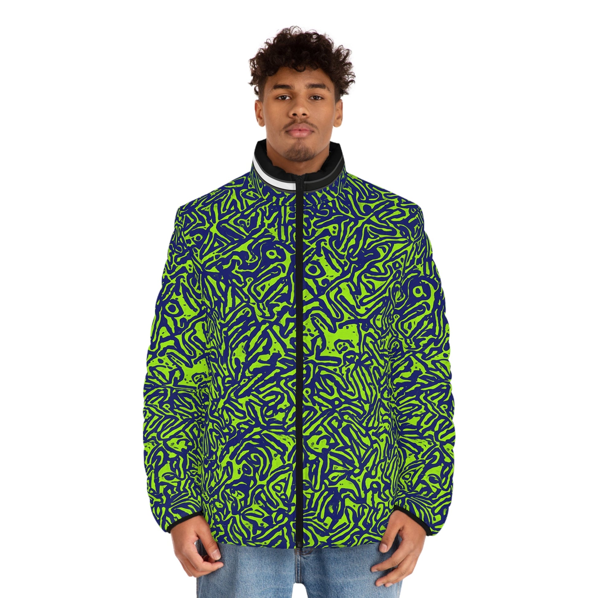 Men's Neon Abstract Puffer Jacket — Green & Navy All-Over Print Printify bakabo.club