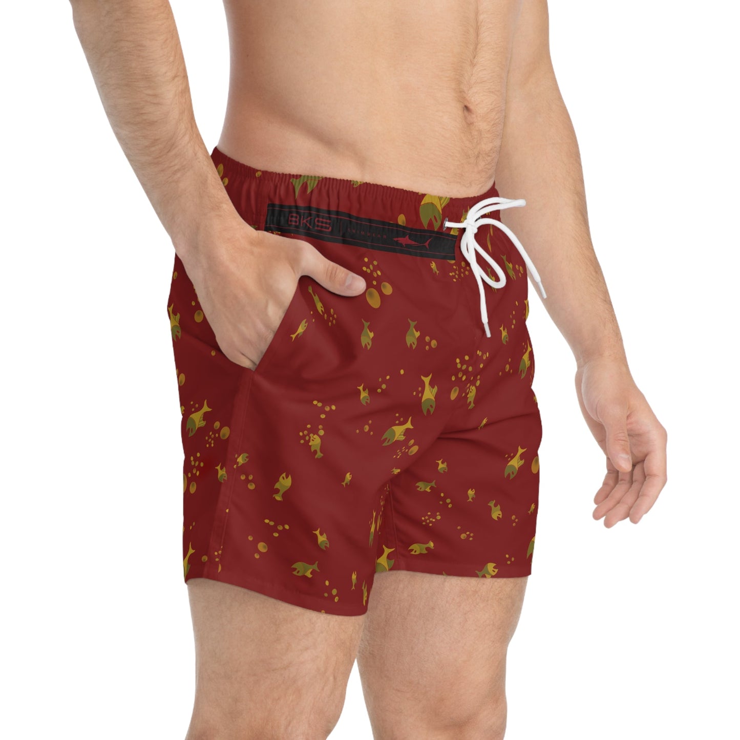 Goldfish Pattern Swim Trunks — Red All-Over-Print Men's Swim Shorts Printify bakabo.club
