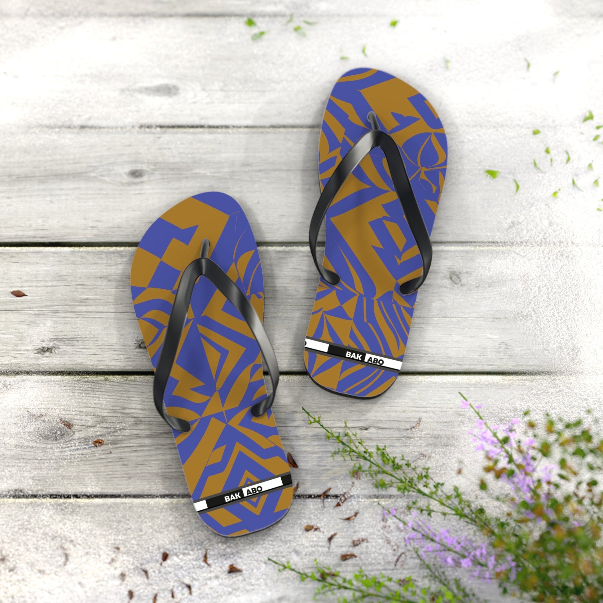 Abstract Blue & Gold Flip Flops — Tropical Geometric Beach Sandals Printify bakabo.club