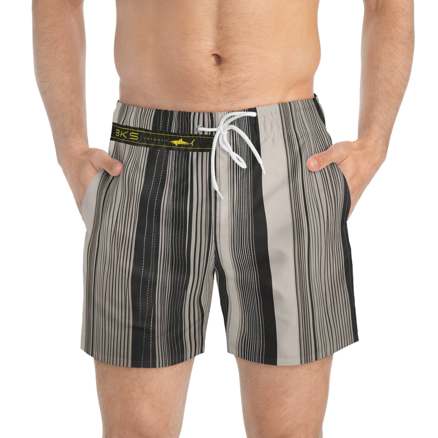 Men's Striped Swim Trunks — Neutral Black & Beige Vertical Stripe Swim Shorts Printify bakabo.club