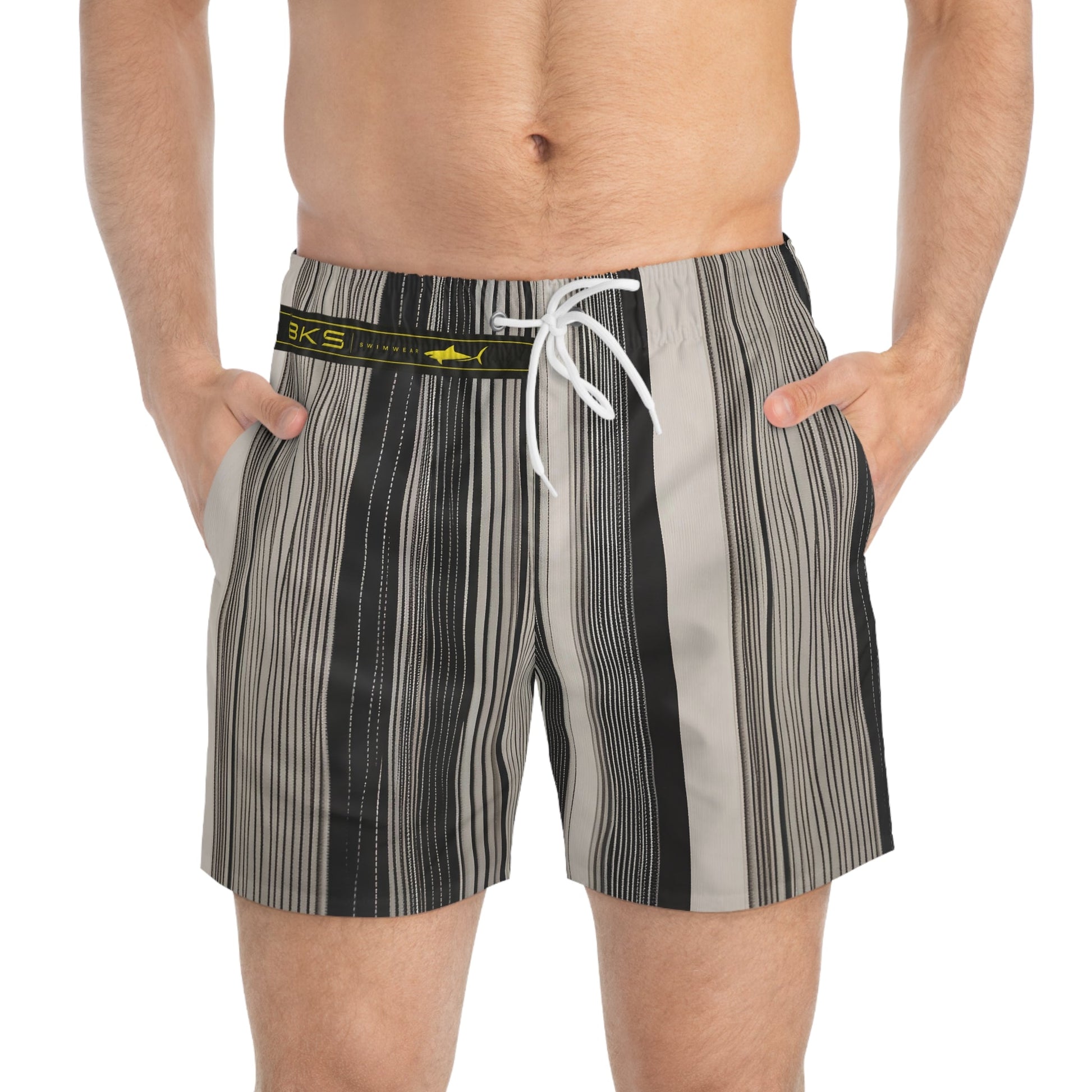 Men's Striped Swim Trunks — Neutral Black & Beige Vertical Stripe Swim Shorts Printify bakabo.club