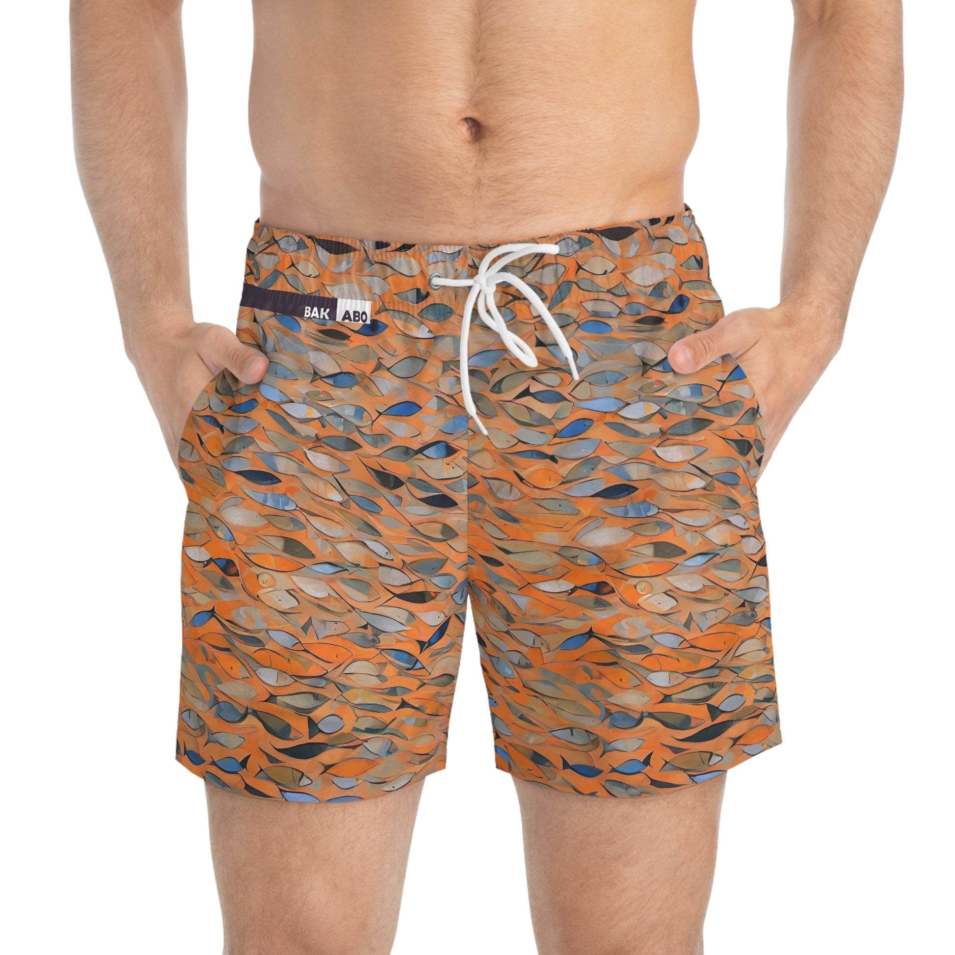 Fish School Swim Trunks — Orange Abstract All-Over-Print Beach Shorts Printify bakabo.club