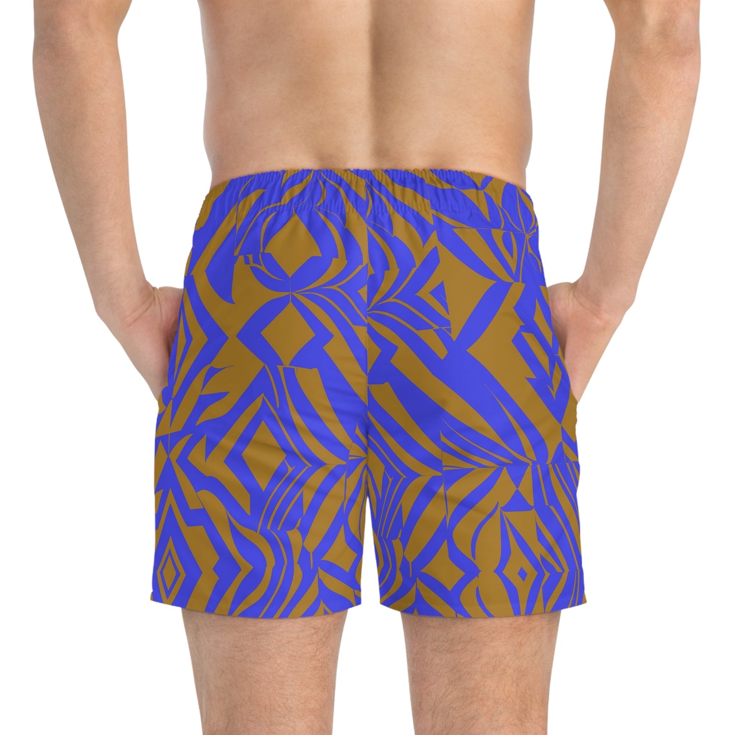 Geometric Wave Swim Trunks — Blue & Gold All-Over Print Printify bakabo.club