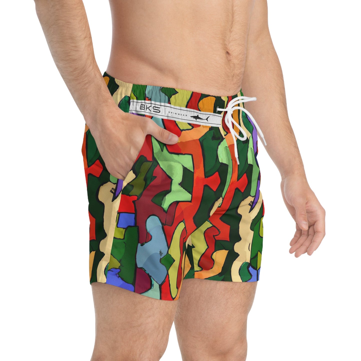 Abstract Colorblock Swim Trunks - Bold Retro Camouflage Print Printify bakabo.club