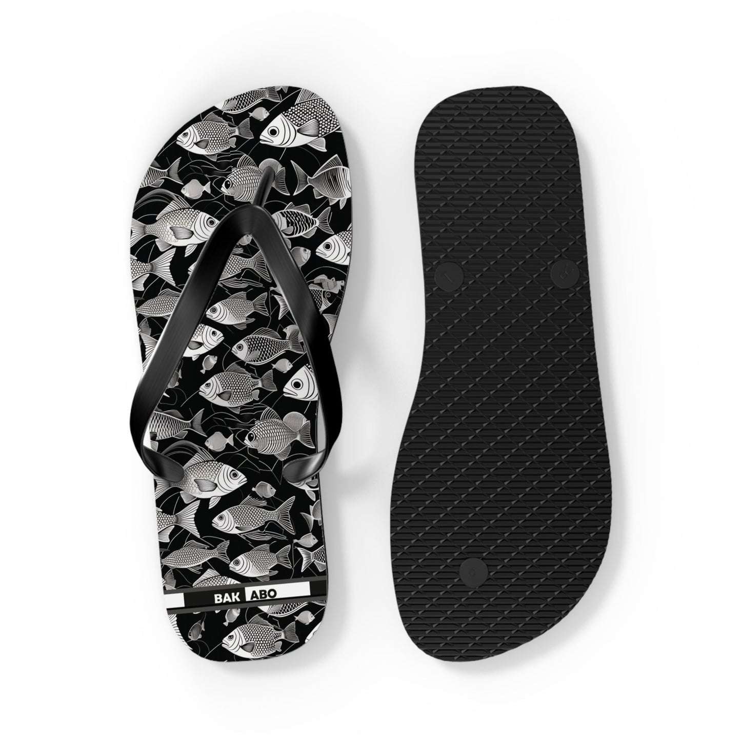 Tropical Fish Flip Flops — Black & White Beach Sandals with Fish Pattern Printify bakabo.club