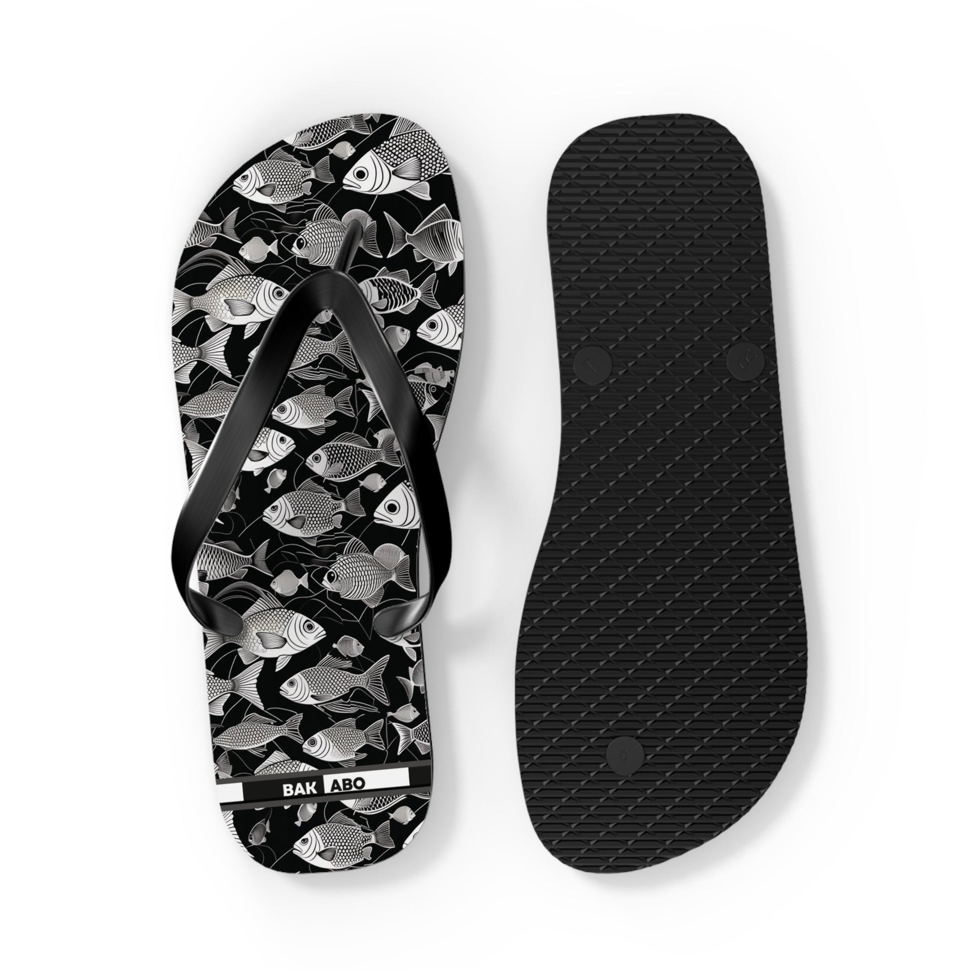 Tropical Fish Flip Flops — Black & White Beach Sandals with Fish Pattern Printify bakabo.club